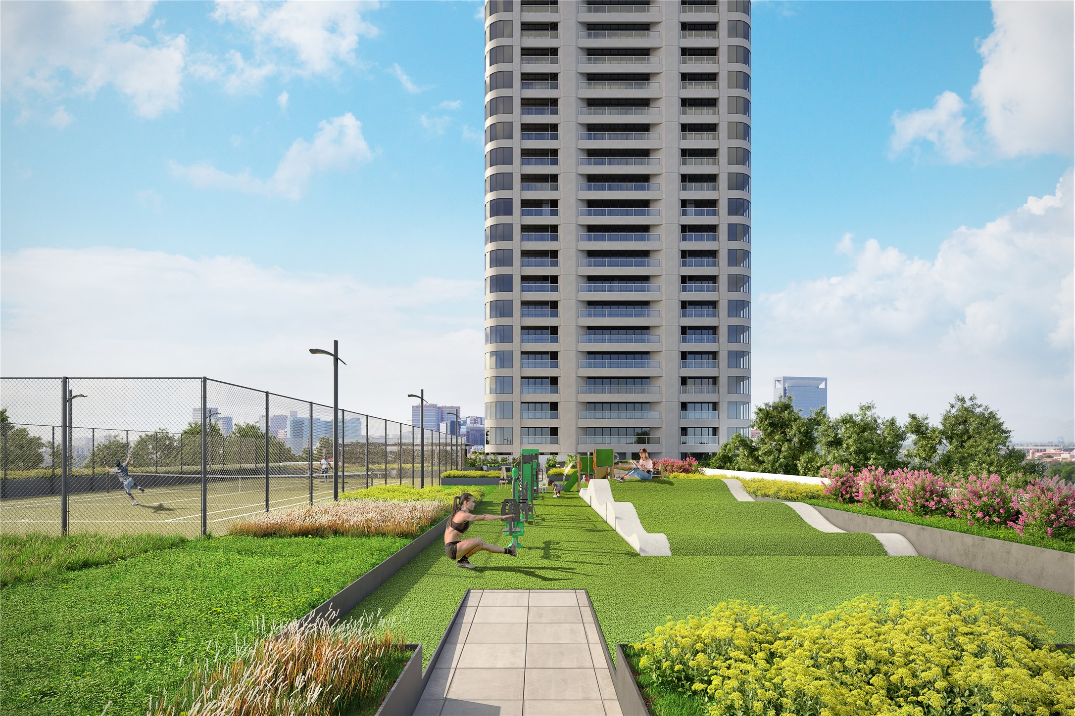 Community garden, outdoor fitness circuit and illuminated tennis court.