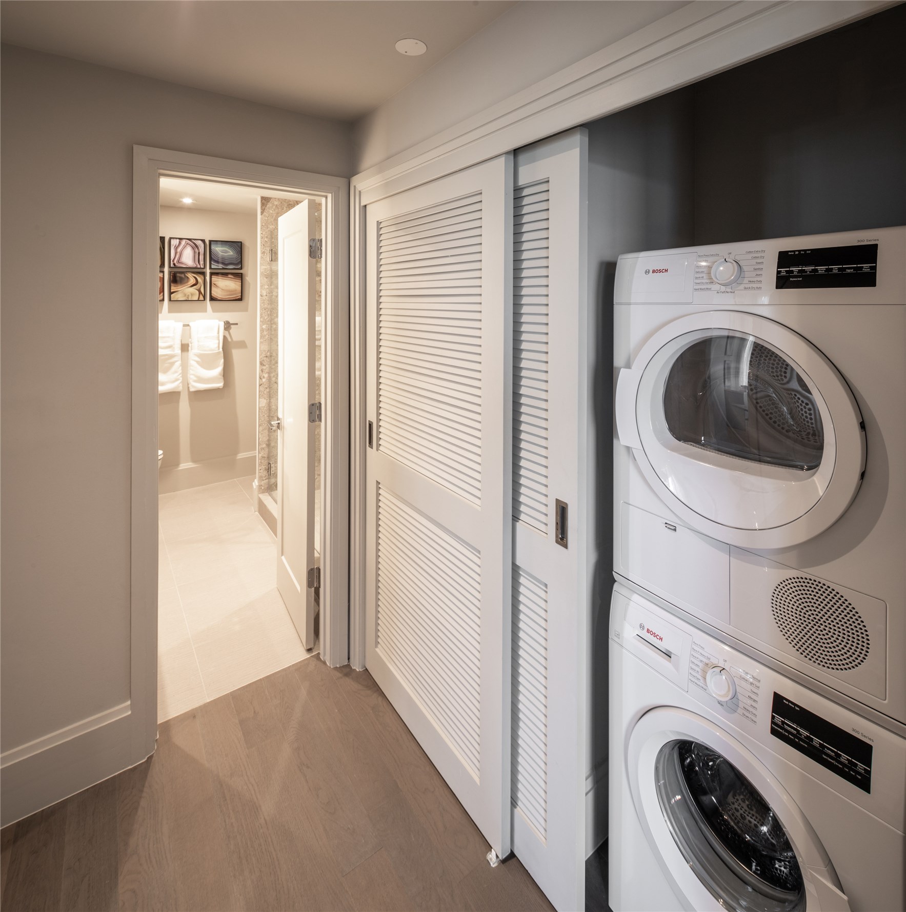 Bosh full capacity washer and dryer are included in every unit.