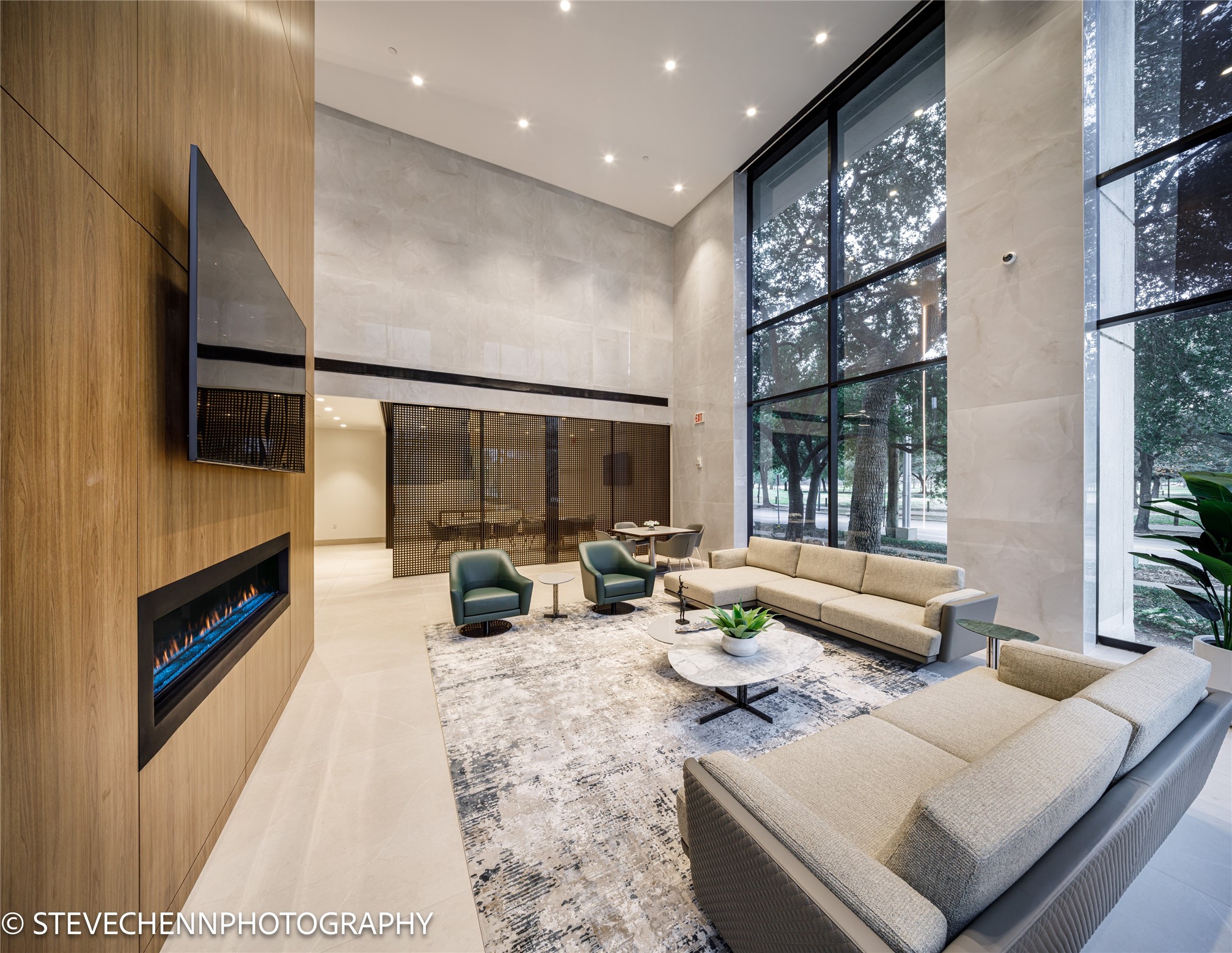 Another sitting area adjacent to the main lobby with full catering kitchen in the corner.