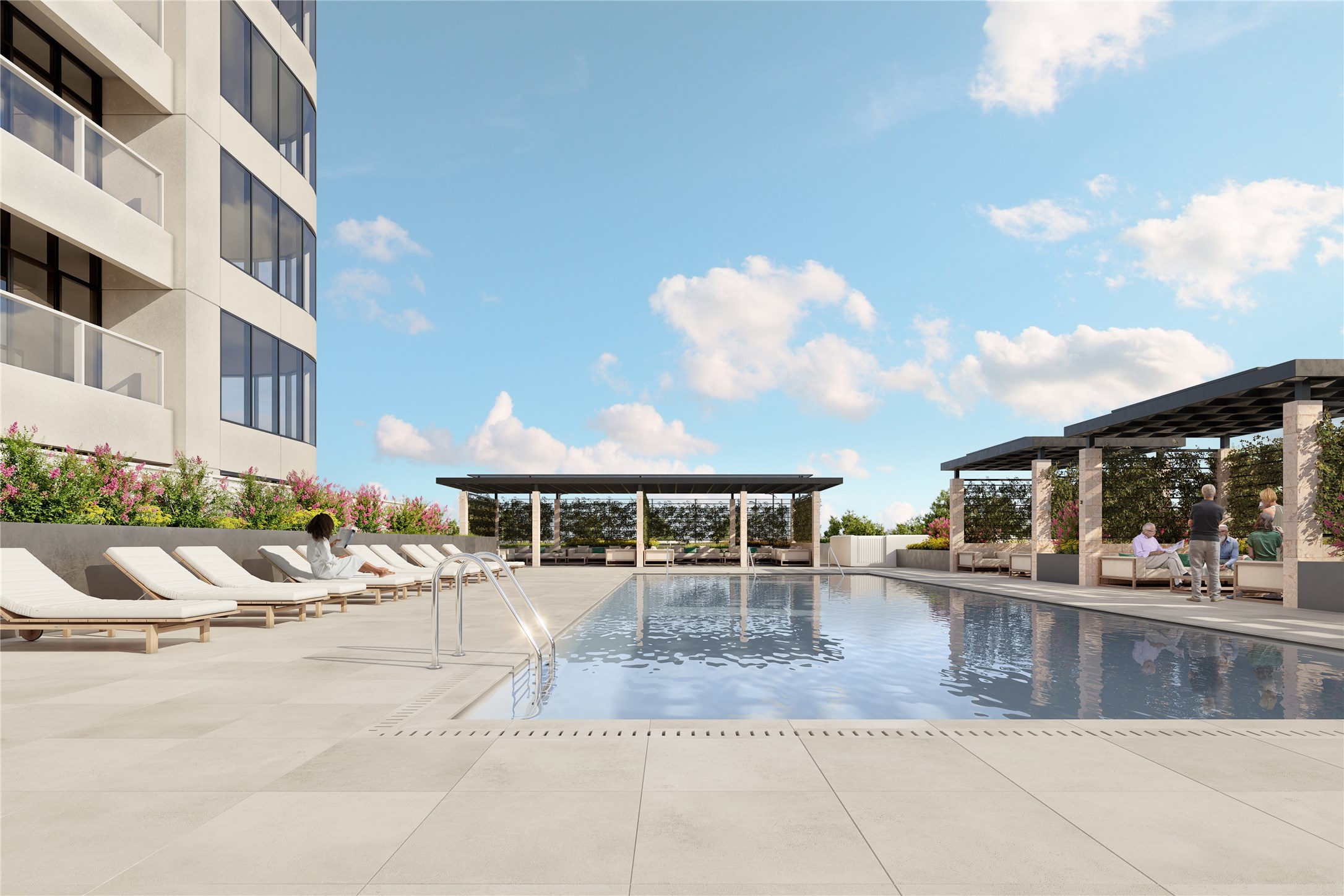 3rd floor amenity deck boasts a resort style pool with private cabanas.