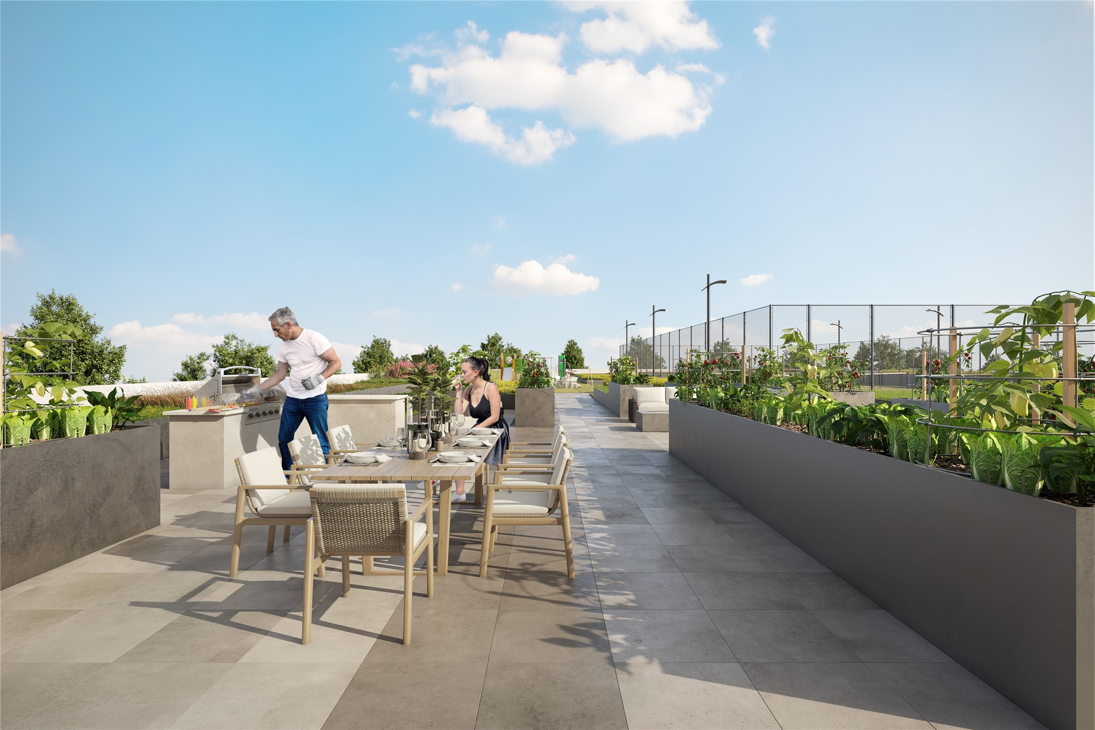 Community grilling area and seating for alfresco dining.