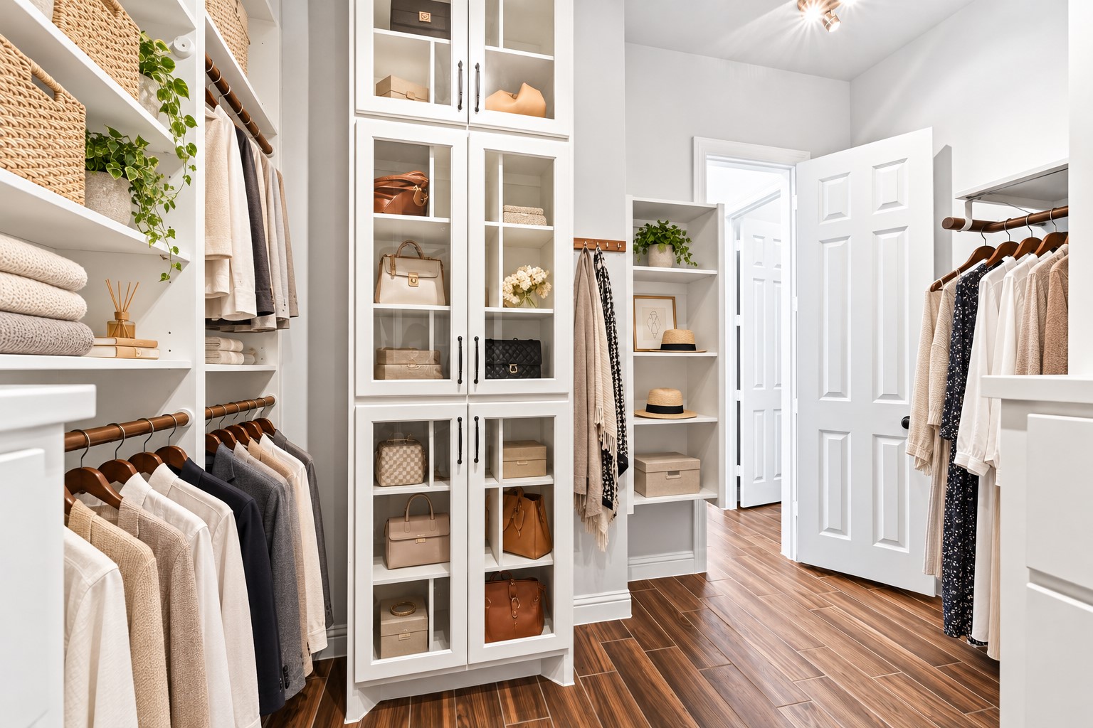 Custom storage at its finest! Thoughtfully designed built-ins provide the perfect place to organize and display your purses, shoes, accessories & more. Everything has its own special place in this impressive walk-in closetbeautiful, functional & truly custom!