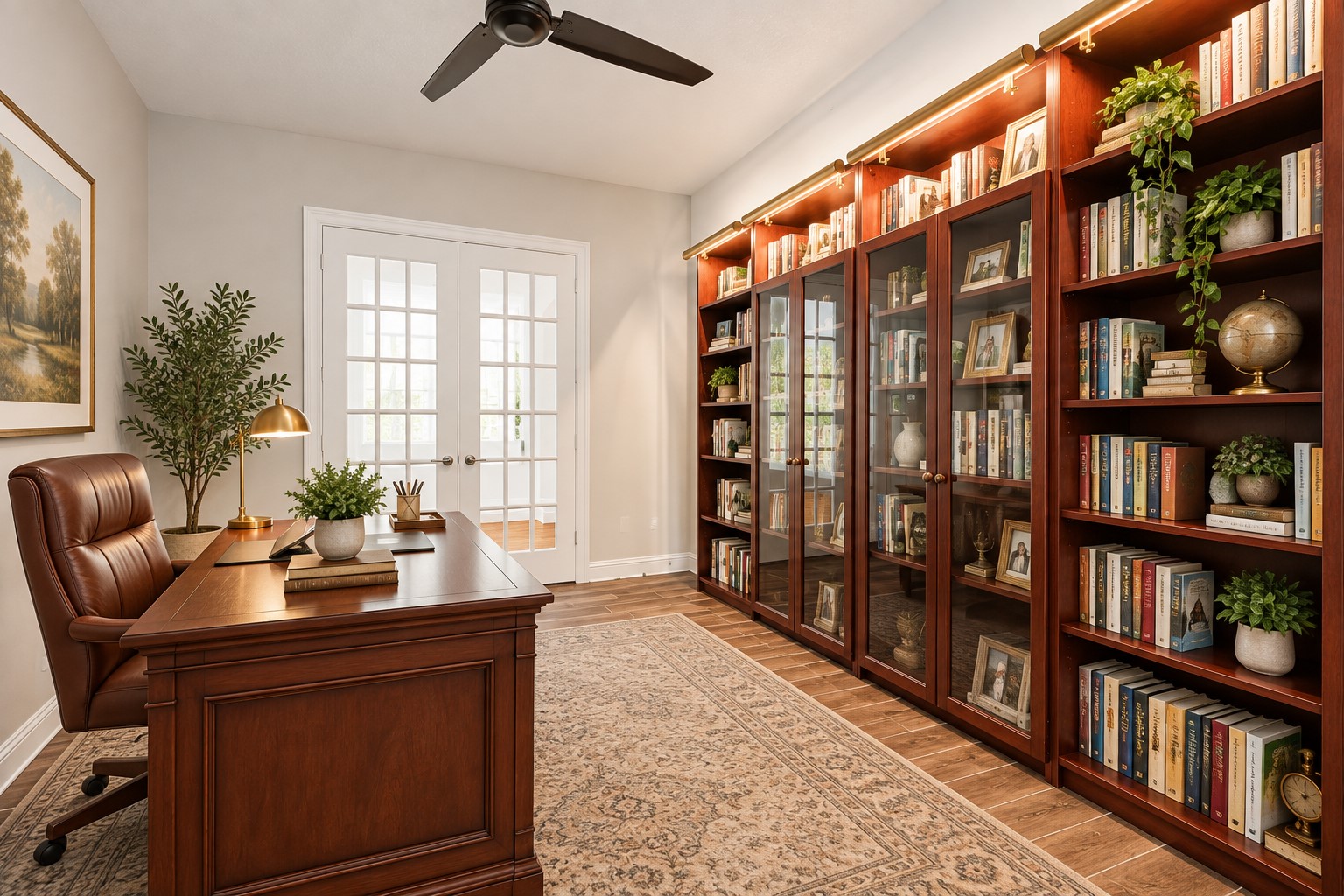What an outstanding home office! Beautiful, carefree large-plank wood-look tile flooring adds warmth and style, while the spacious design creates the perfect setting for working from home, studying or handling everyday business in comfort. Photo is Virtually Staged.