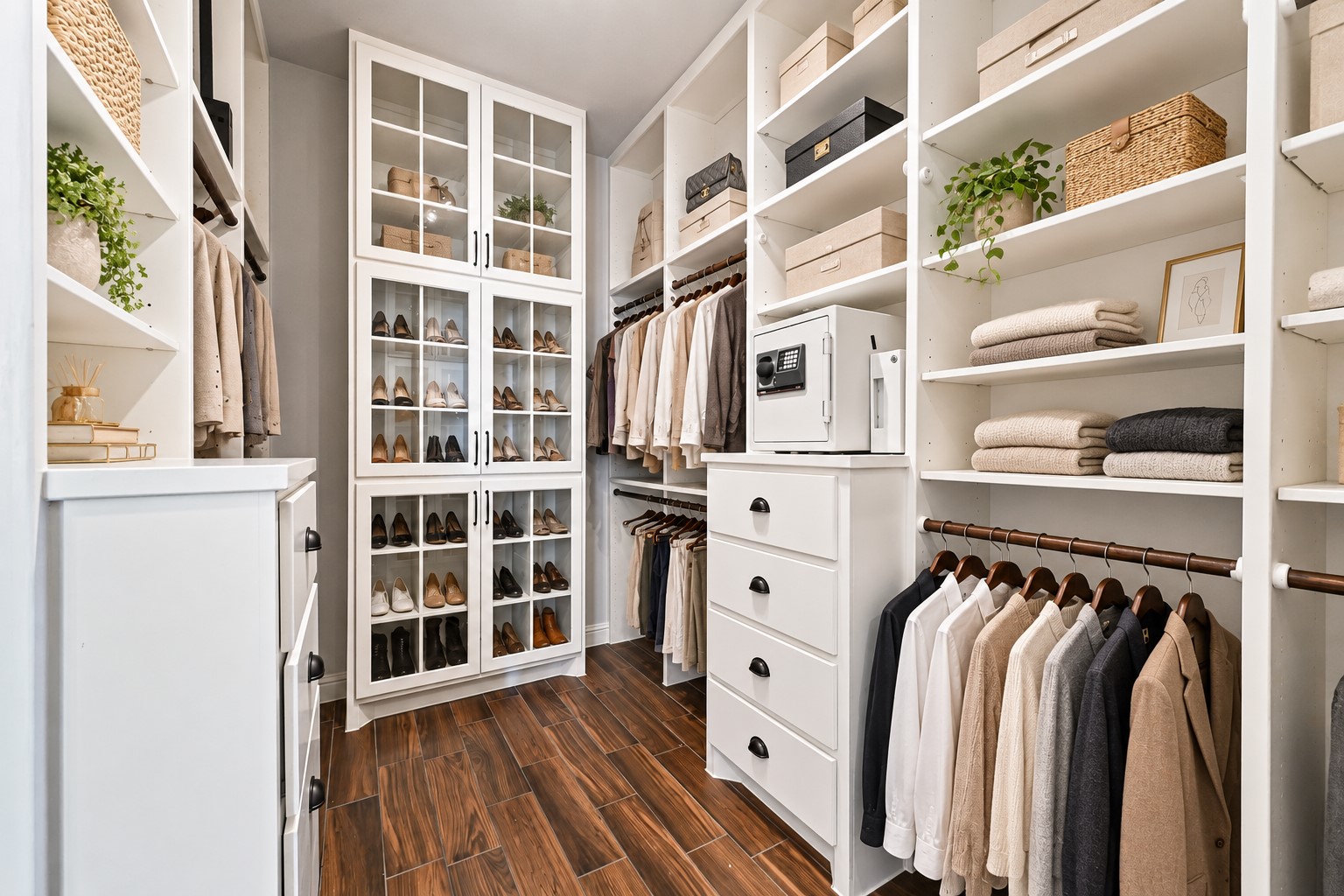 What a wonderful custom walk-in closet! Thoughtfully designed with separate sides for added organization, offering plenty of space for clothing, shoes, accessories & more. An impressive amount of storage makes getting ready easy while keeping everything beautifully organized!