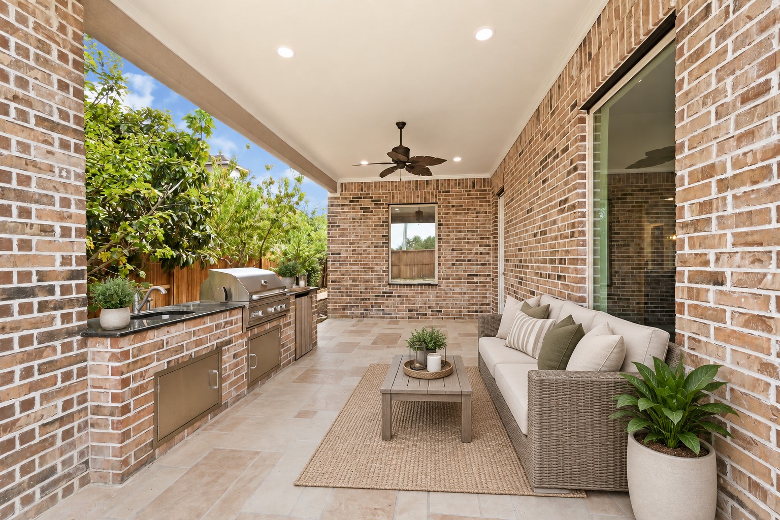 What an incredible covered patio! Dramatic high ceilings, recessed lighting & a ceiling fan create the perfect setting for year-round outdoor living. And dont miss the gorgeous travertine flooring that adds another custom touch to this beautiful backyard retreatperfect for relaxing, dining & entertaining!