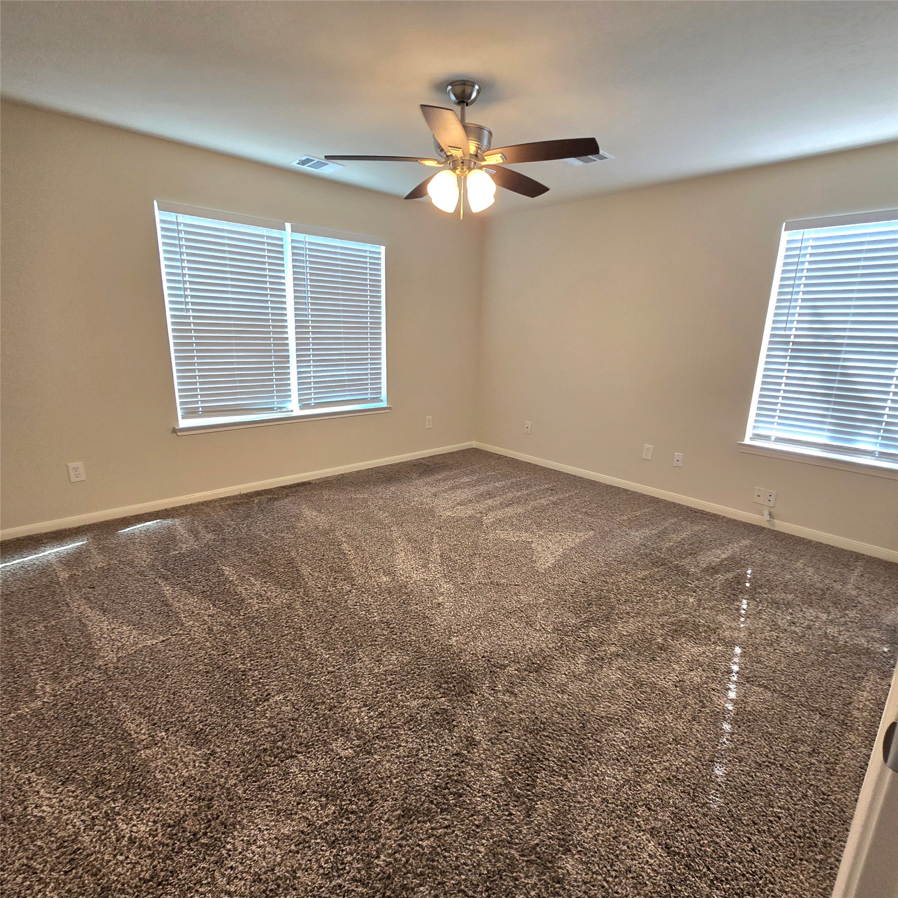Primary bedroom on first floor. Lots of natural light and ceiling fan with light fixture.