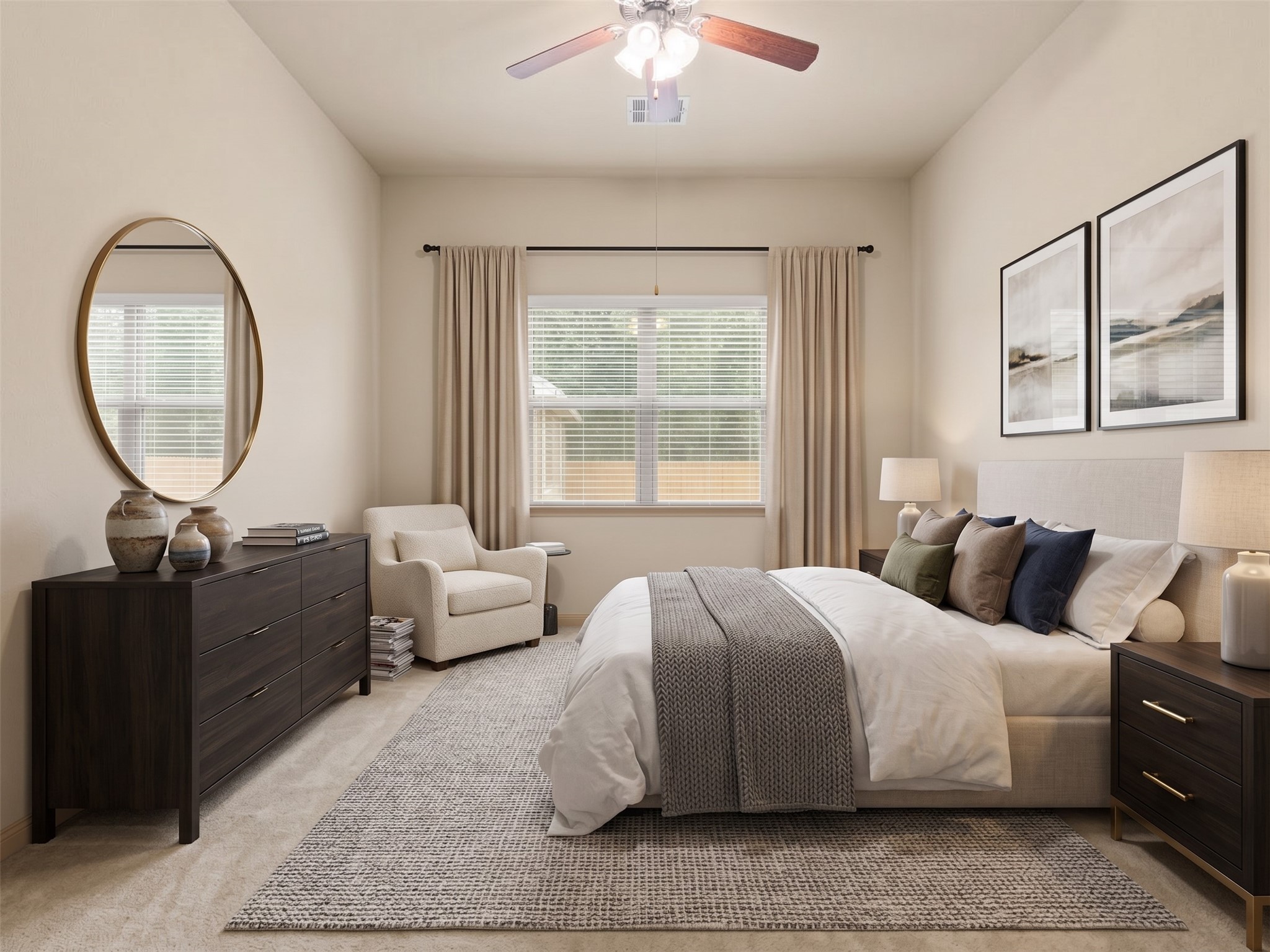 Spacious primary bedroom virtually staged to showcase a full furniture layout, including a king bed, dresser, and seating area. Features high ceilings, plush carpeting, and a ceiling fan.