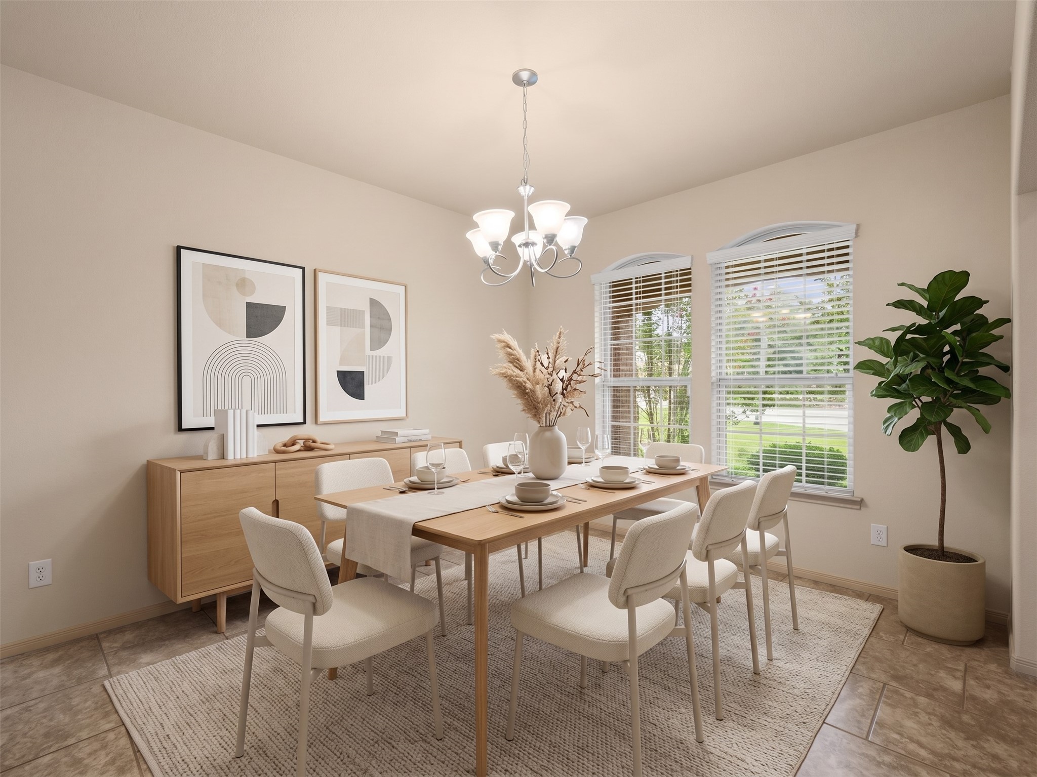 Virtually staged front formal dining room featuring tile floors, classic lighting, and natural light. This versatile space, adjacent to the entry, offers flexibility for use as a home office or formal dinning area.