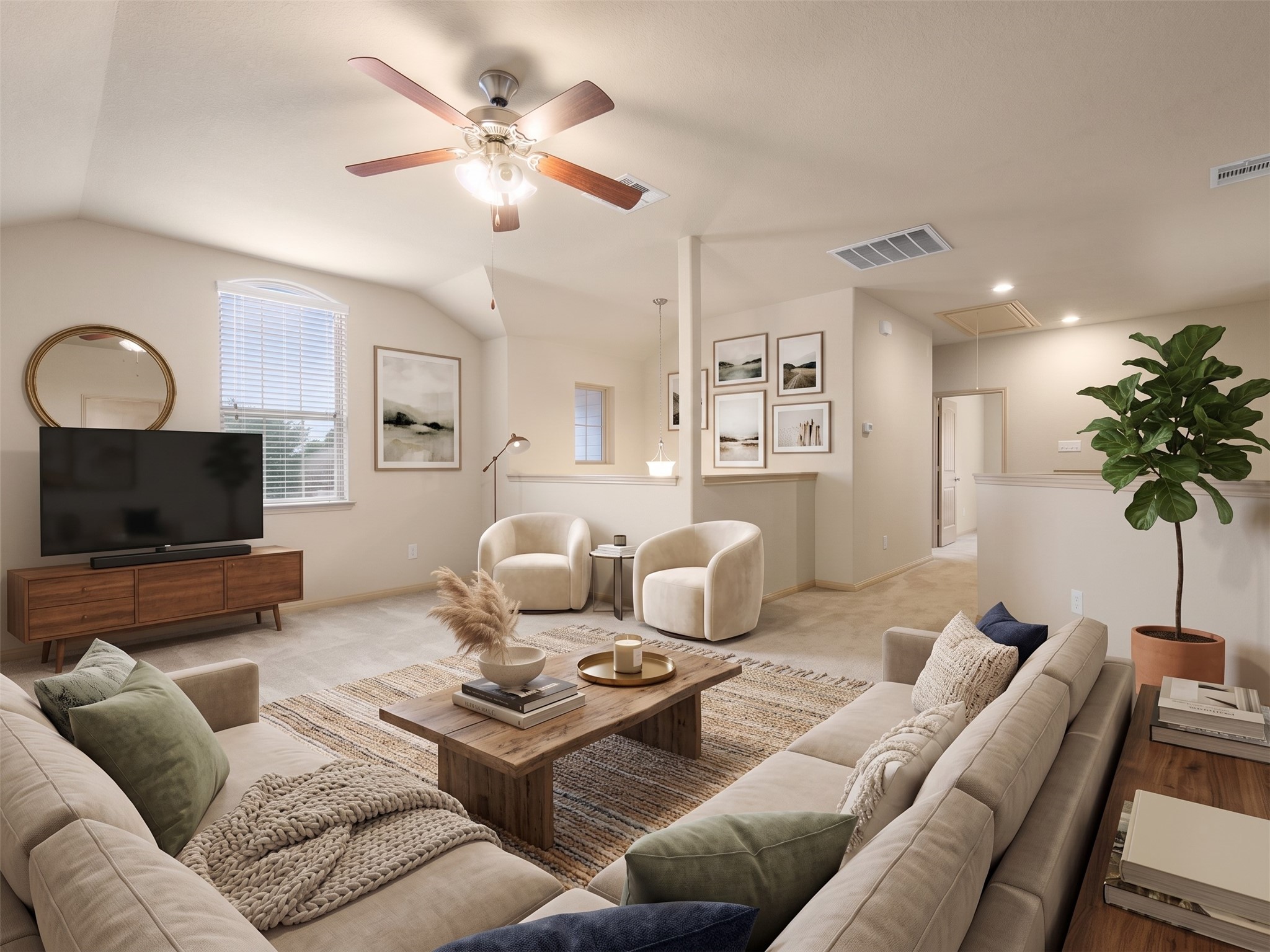 Virtually staged upper-level game room showcasing a spacious second living area complete with vaulted ceilings, natural light from an arched window, soft carpeting, and versatile seating zones.