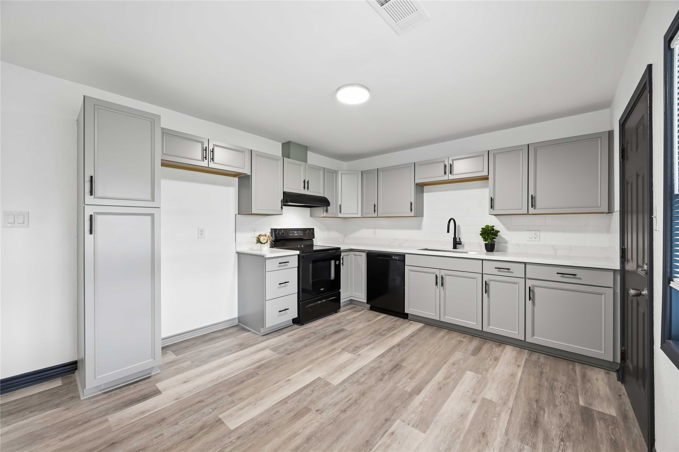 A closer look at this modern kitchen with a stove, dishwasher and an exterior venting vent hood.