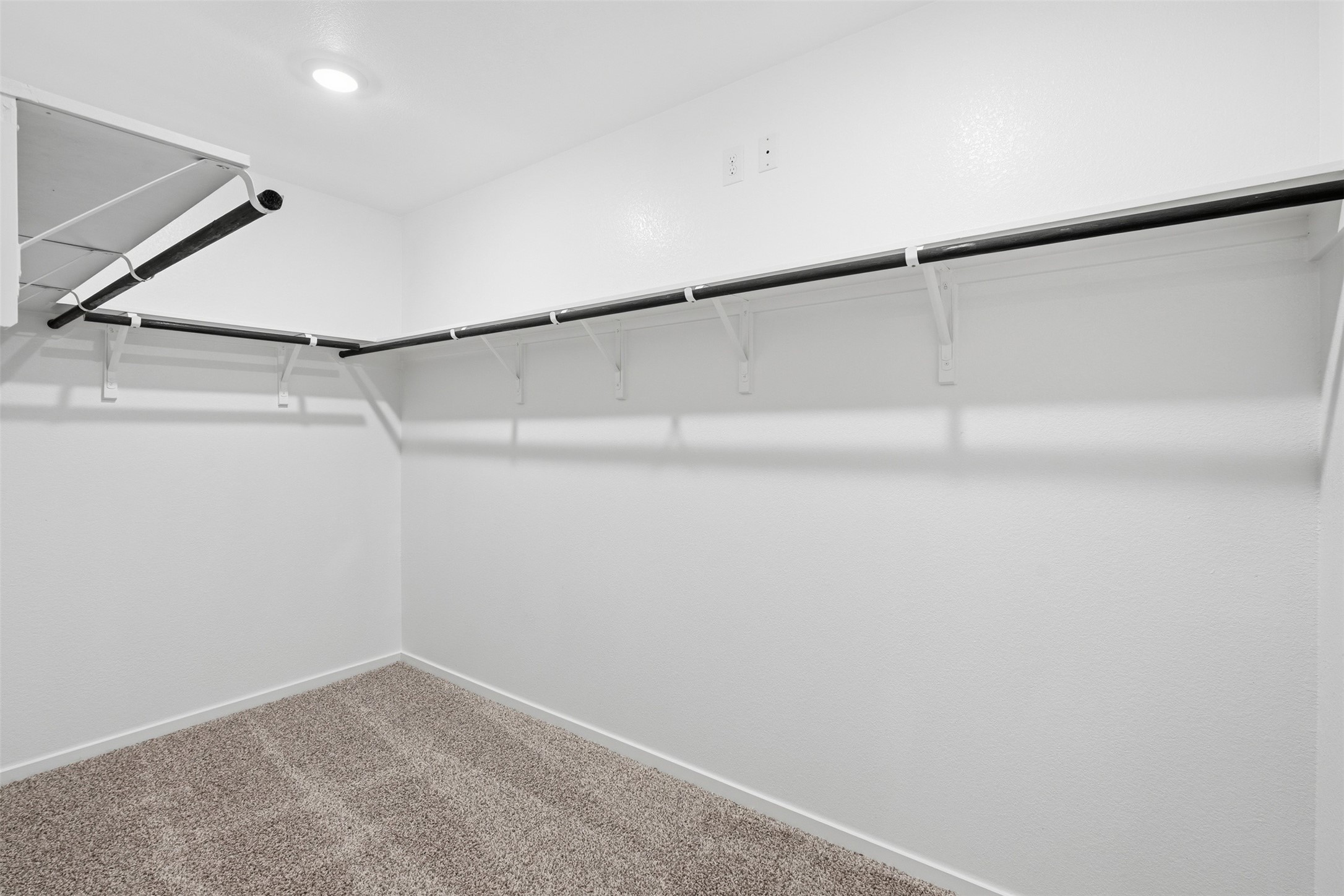 Spacious walk-in closet with ample hanging space and soft carpeting, offering a bright and organized storage solution.