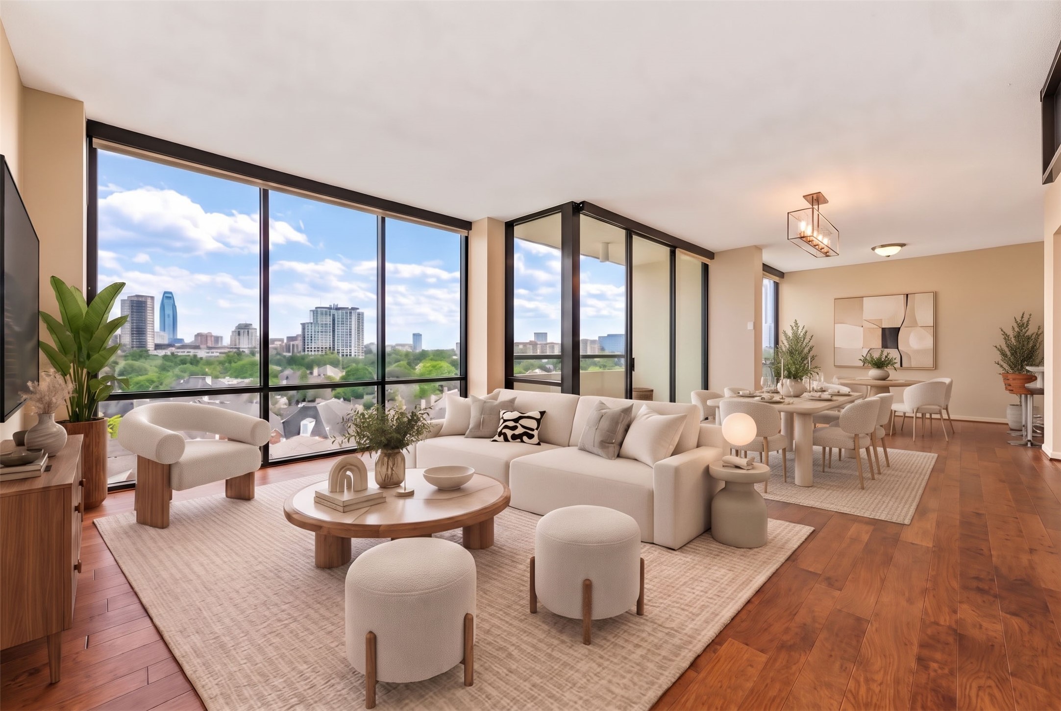 Virtually staged photo of the living/dining area
