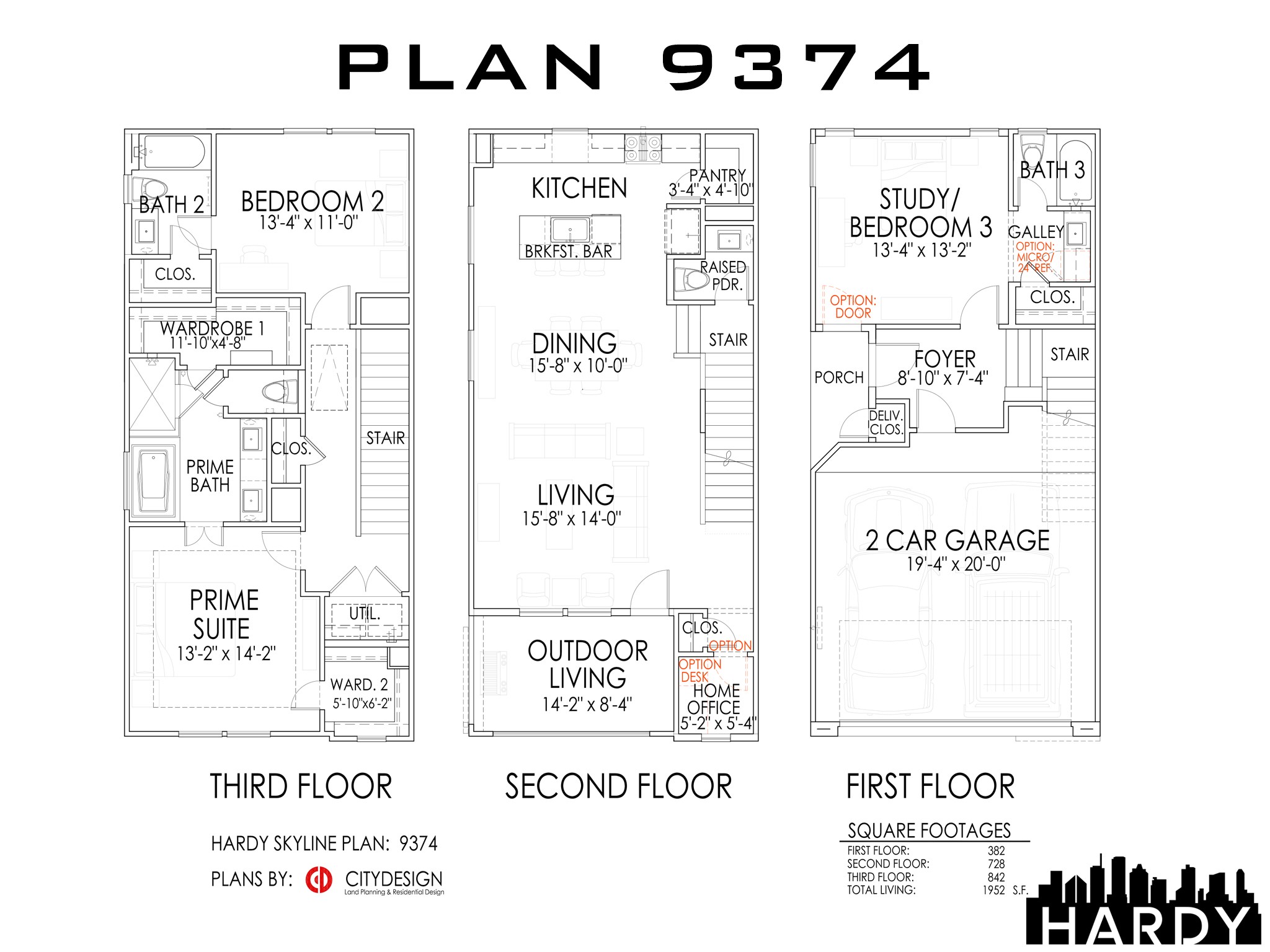 Plan 9374 offers a three-story layout with a spacious prime suite and additional bedroom on the third floor, a modern kitchen and open living area on the second floor, and a versatile study or third bedroom on the first floor. It features an outdoor living space and a two-car garage, perfect for comfortable and flexible living.