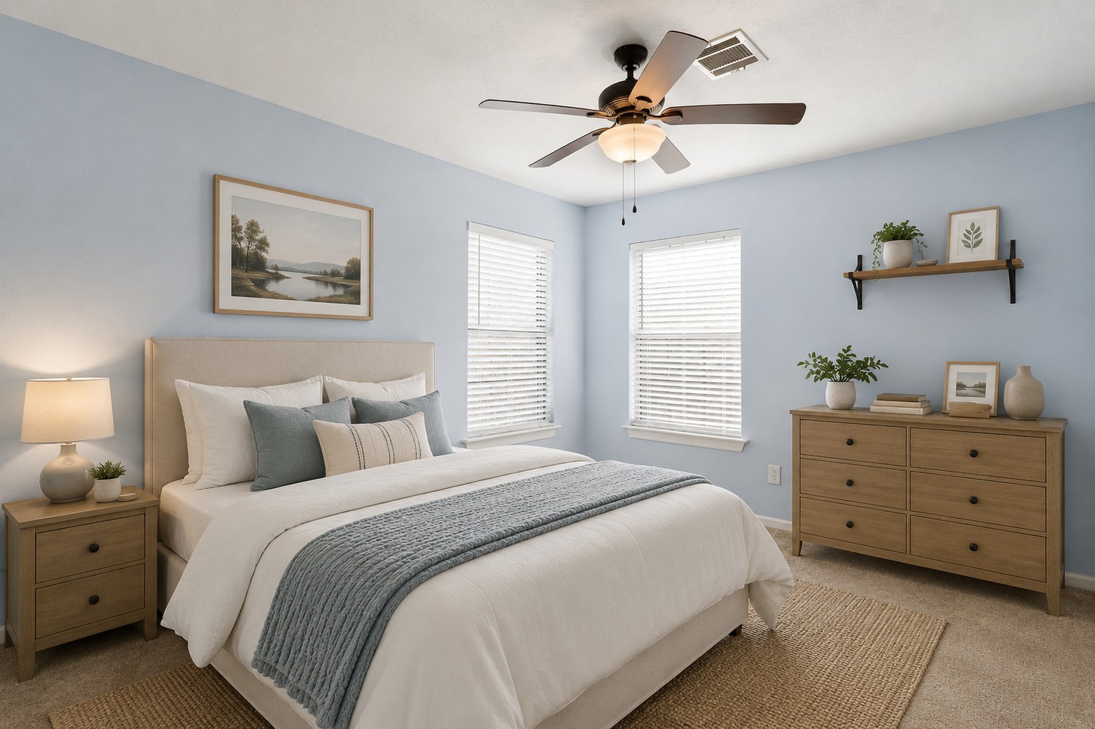 Virtually Staged: This bright secondary bedroom features soft blue walls, neutral carpeting, and two large windows that bring in abundant natural light. A ceiling fan adds everyday comfort, while the spacious layout provides plenty of flexibility for a full bedroom suite, guest room, or home office.