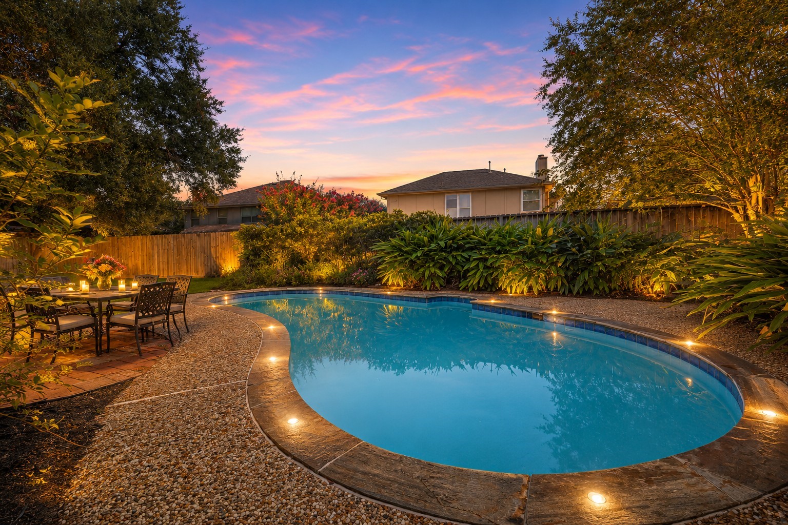 The expansive pool offers plenty of space for swimming, relaxing, and entertaining, surrounded by a generous patio, lush lawn, and beautiful mature trees.