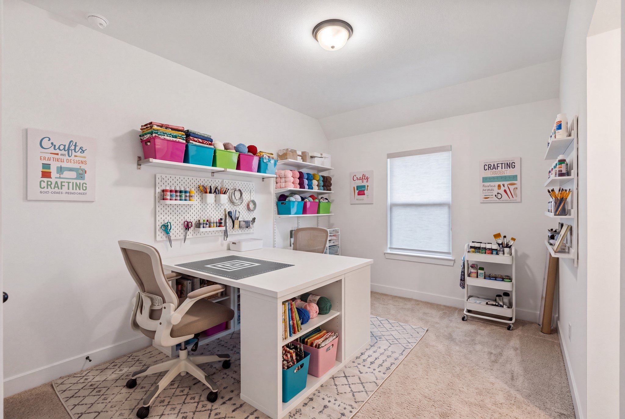 Versatile third upstairs secondary bedroom, currently virtually designed as a creative hobby space, offering endless possibilities as a bedroom, home office, playroom, or craft room. Conveniently connected to a Hollywood-style bath!