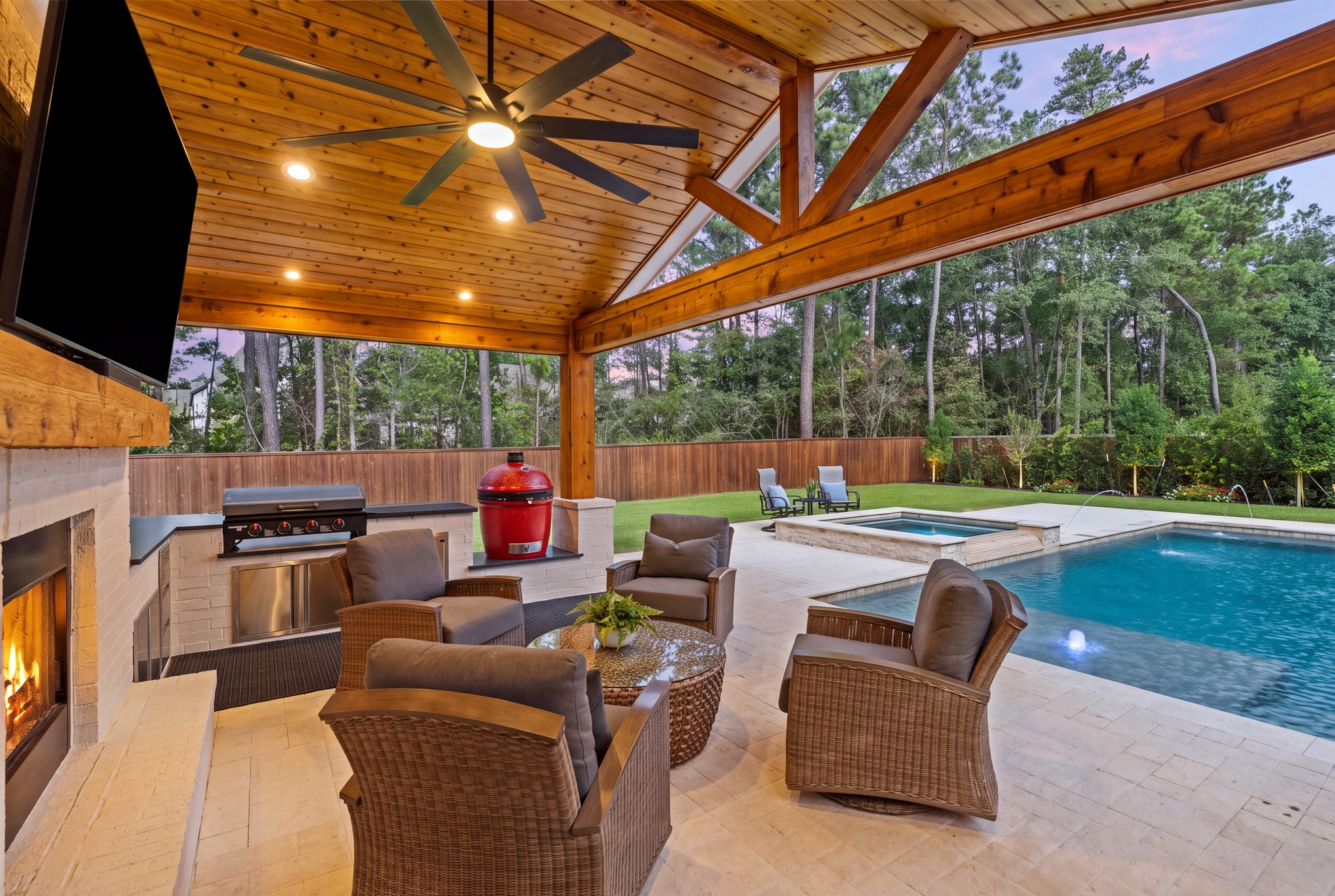 Spectacular custom outdoor living retreat featuring a soaring cedar-vaulted ceiling!