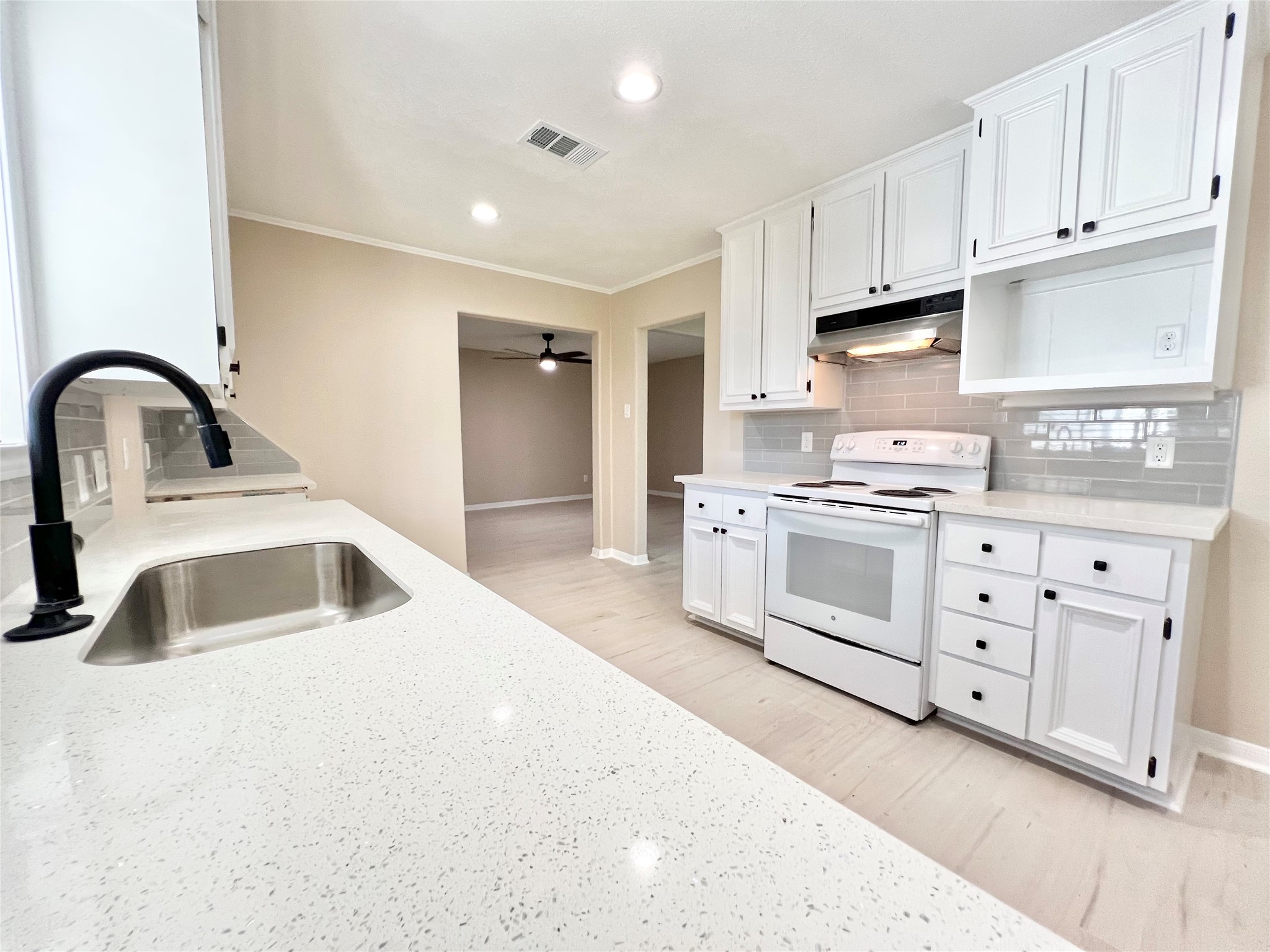 New faucet and sink, with disposal, freshly painted solid wood cabinets and LED lighting.
