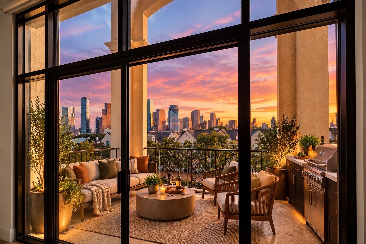 [Virtually Staged] Terrace with downtown skyline view all year round.