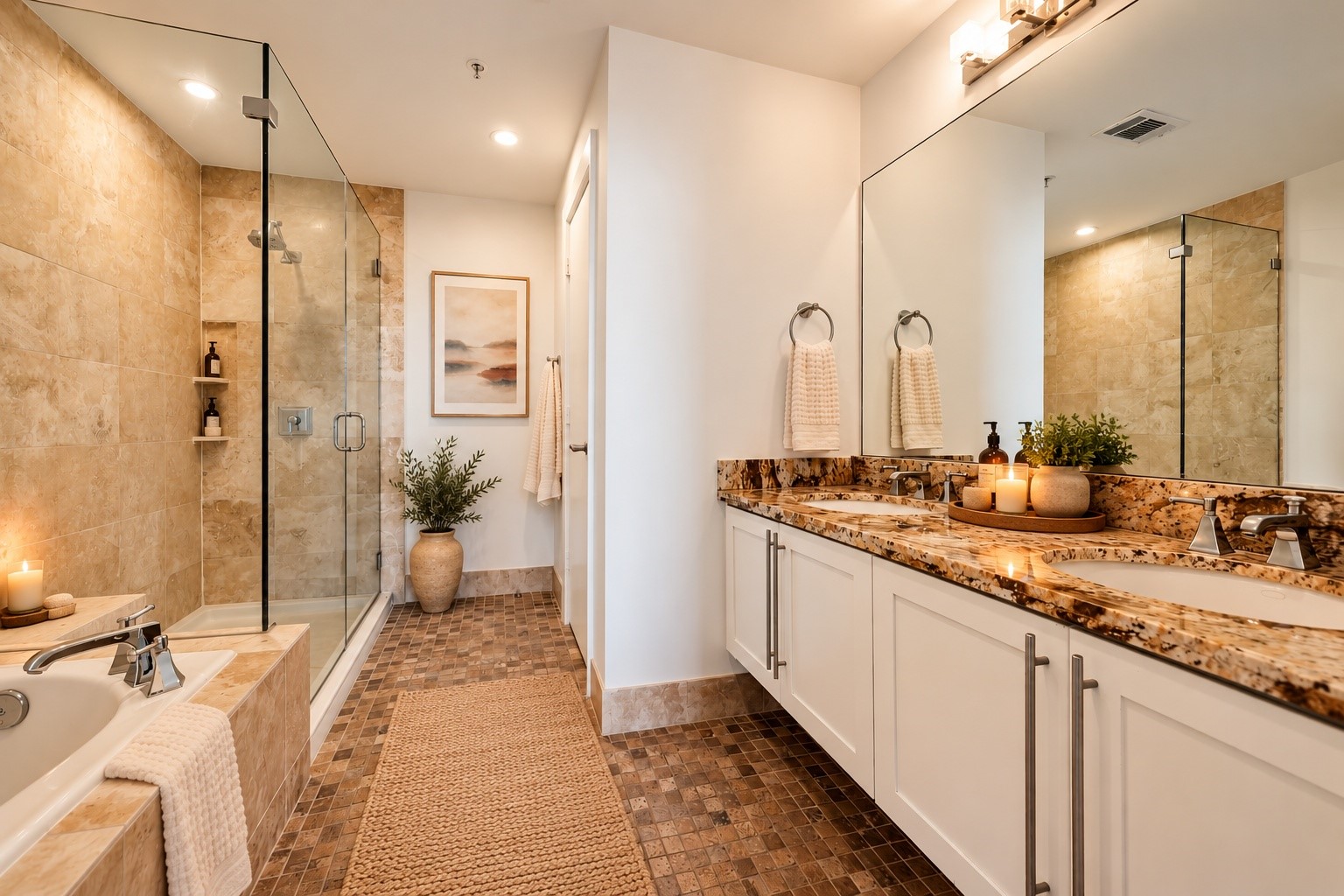 [Virtually Staged] Primary spa-like bathroom with double sink.