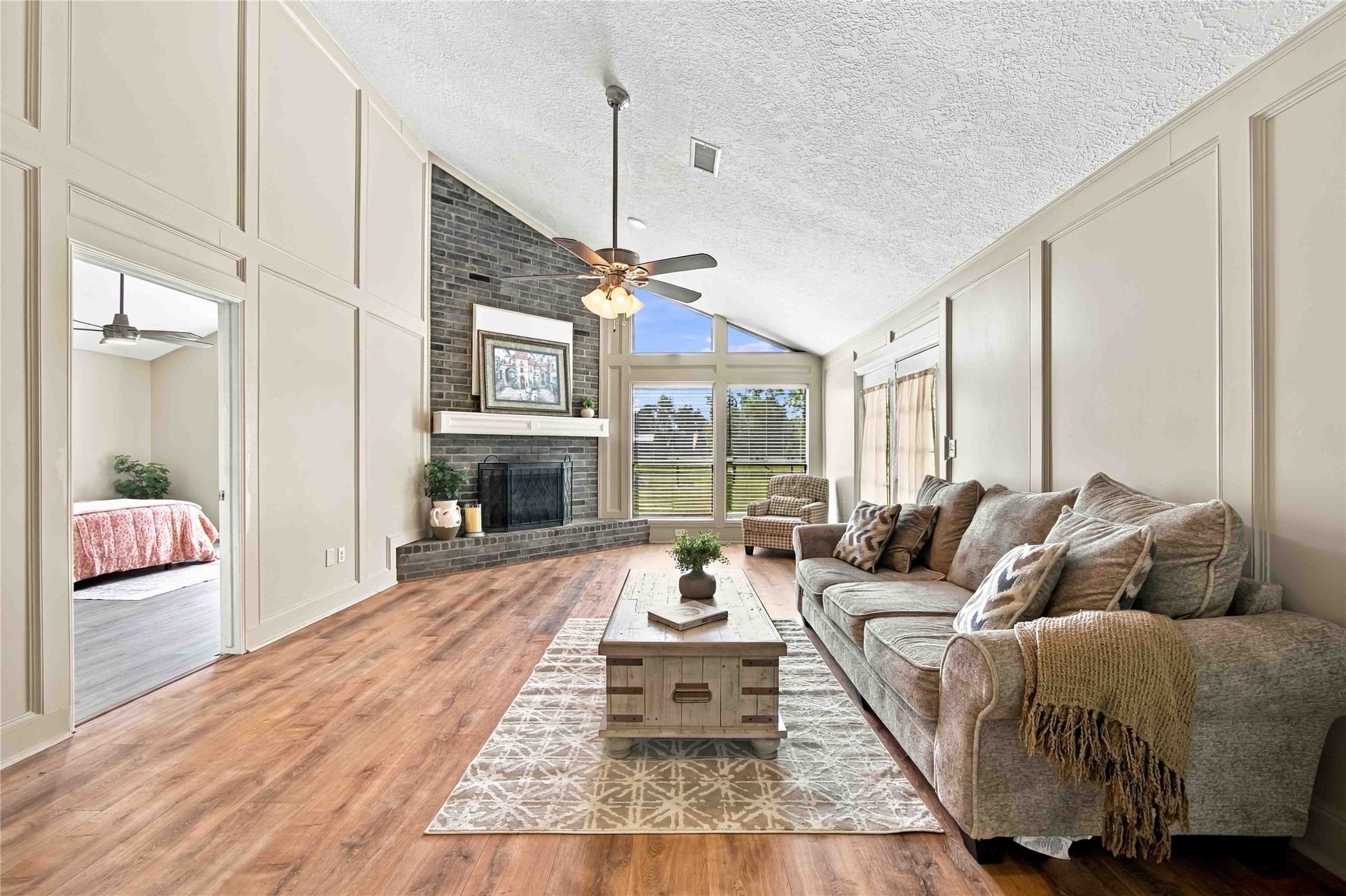 Fireplace, designer walls and beautiful floor.