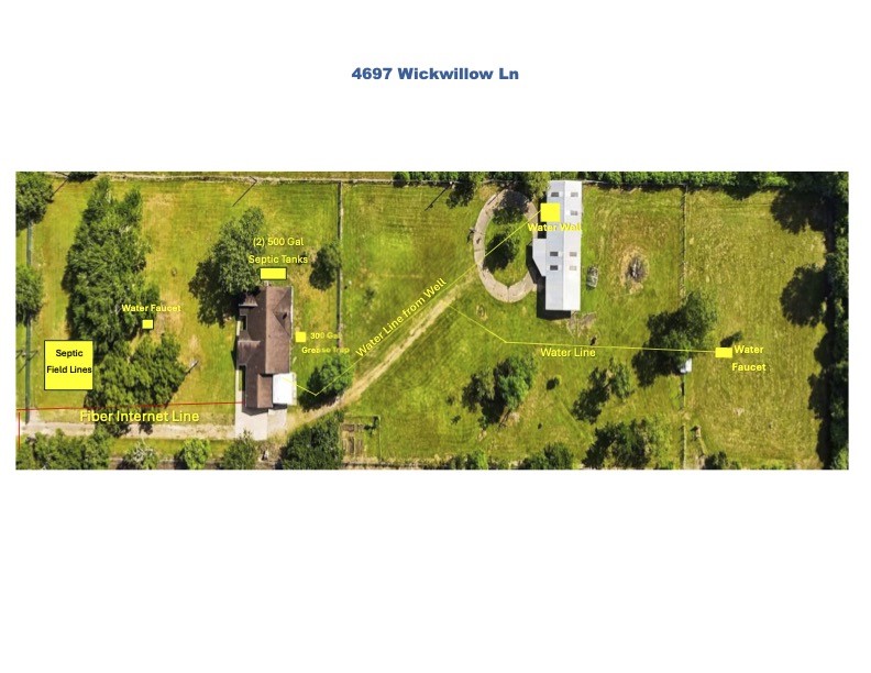 Water lines on the Property, two 5 Gallons Septic tank location, Well location and Fiber Internet.