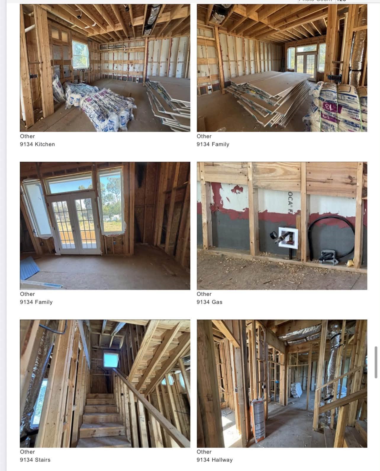 Rough-in stage for the open kitchen and living area, showcasing a gas utility hookup and generous dimensions.
