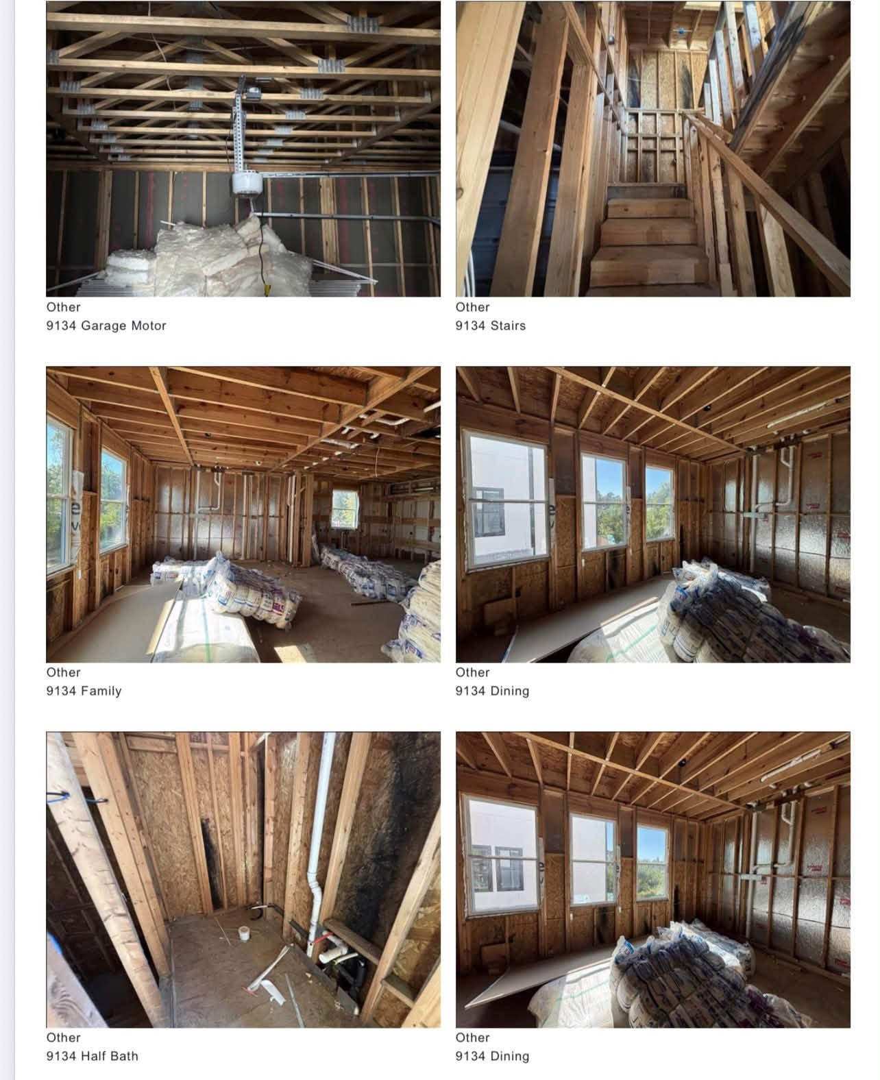 Structural preview of lower-level framing, detailing expansive living, dining, half-bath layout, and internal stairwell.