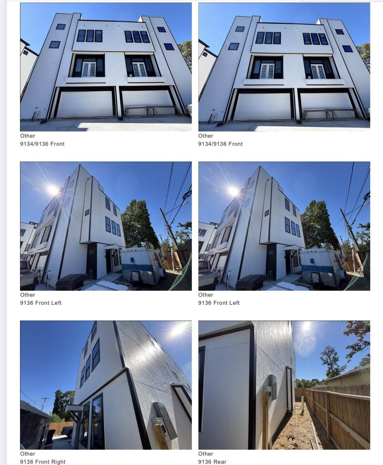 Comprehensive exterior angles of the duplex showcasing clean and modern structural lines, front profile, side elevations, and rear footprint.