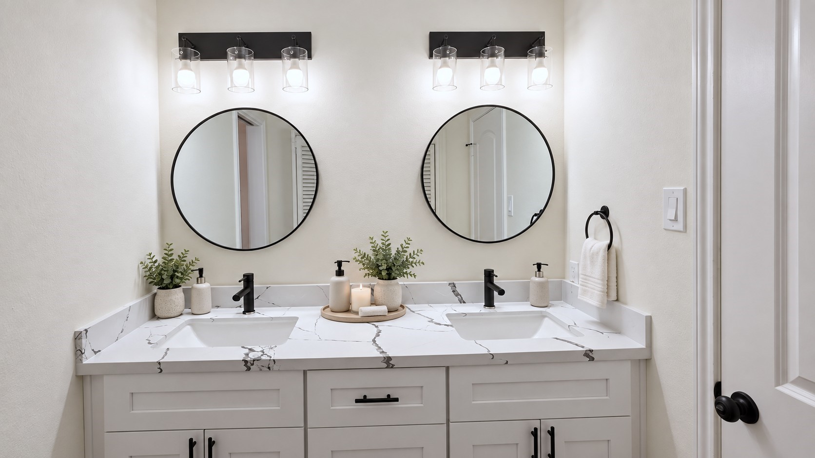 Updated secondary bath features a double vanity, dual round mirrors, veined countertops, and matte-black fixtures.