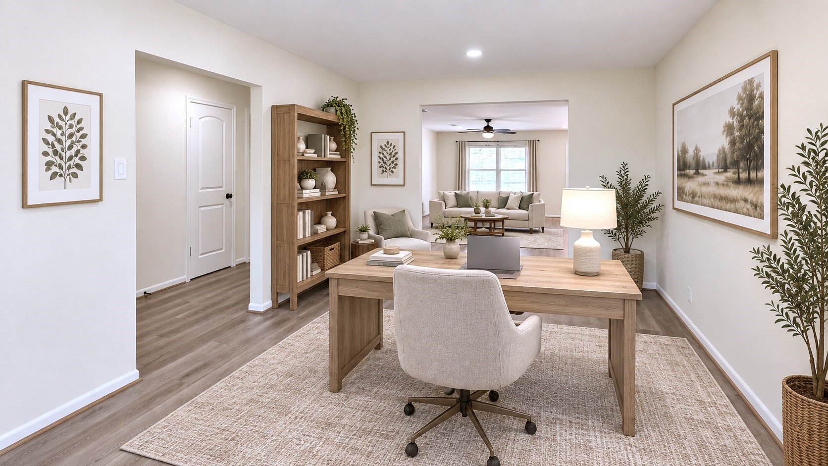 Virtually staged: Flex room shown as a stylish home office with plenty of room to work comfortably.