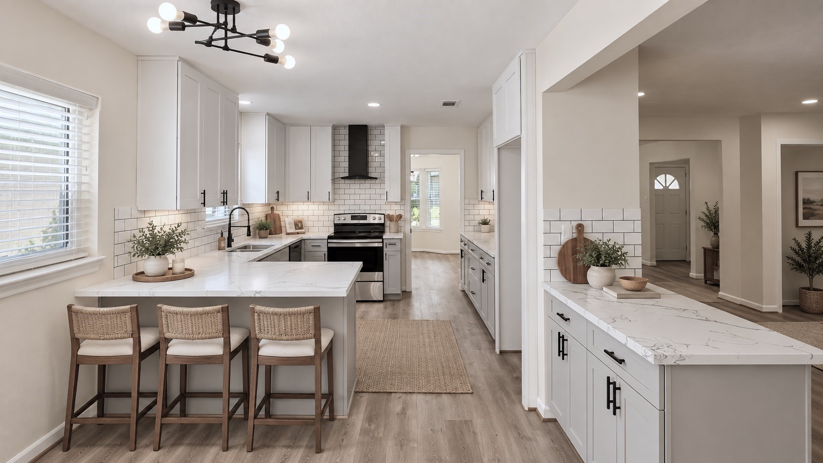 Virtually staged: Breakfast area demonstrates a comfortable casual dining setup beside the kitchen.