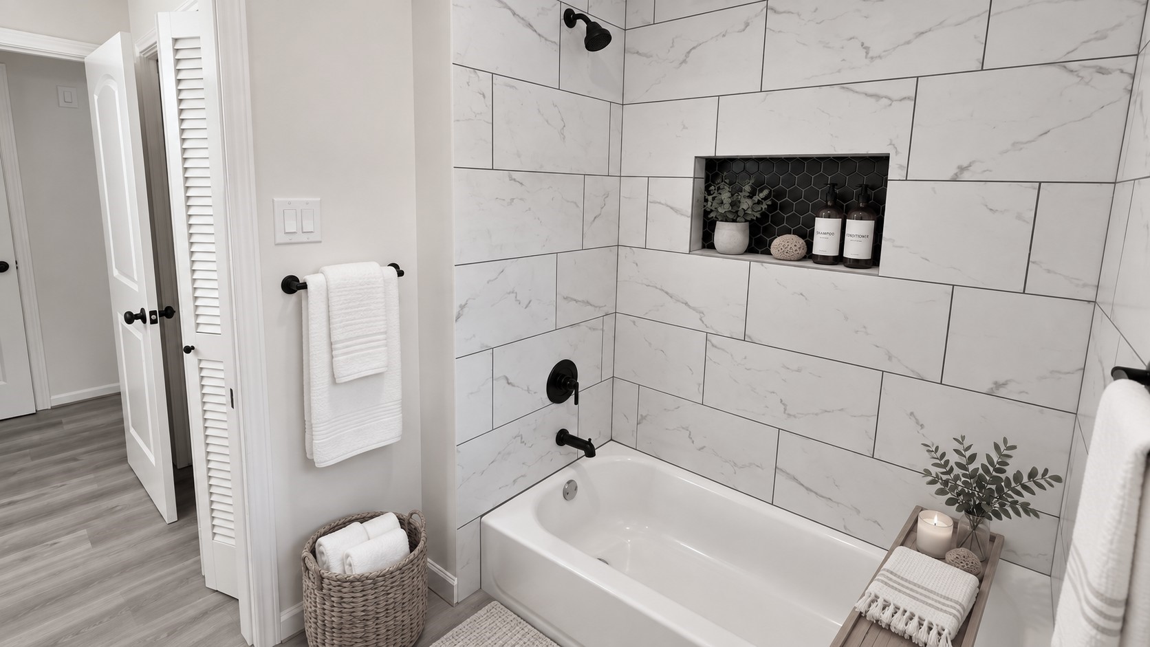 Virtually staged: Secondary bath accented with simple spa-inspired dcor to complement the updated tile surround.