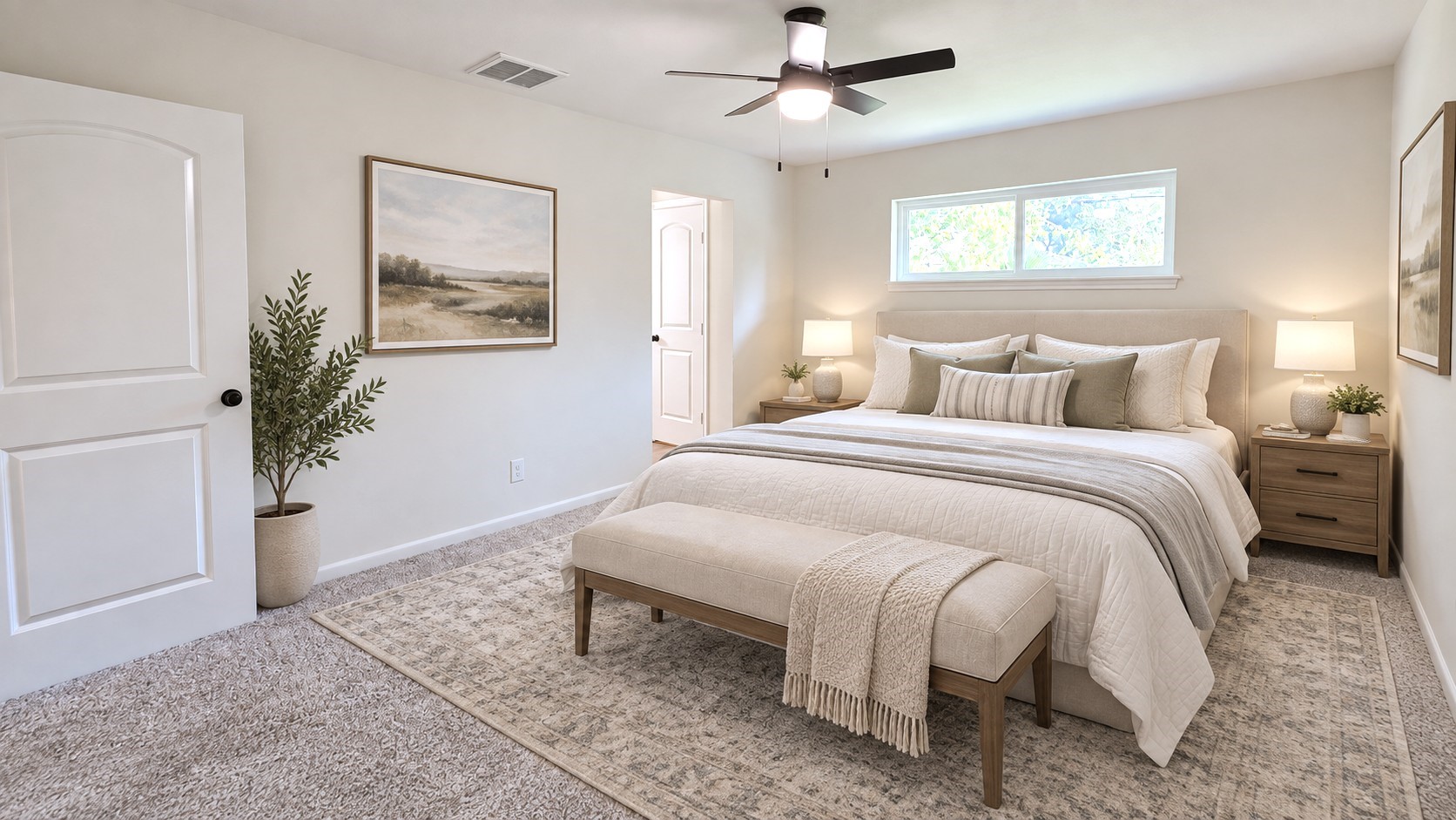 Virtually staged: Primary retreat styled with a king-size bed concept to demonstrate the rooms impressive scale.