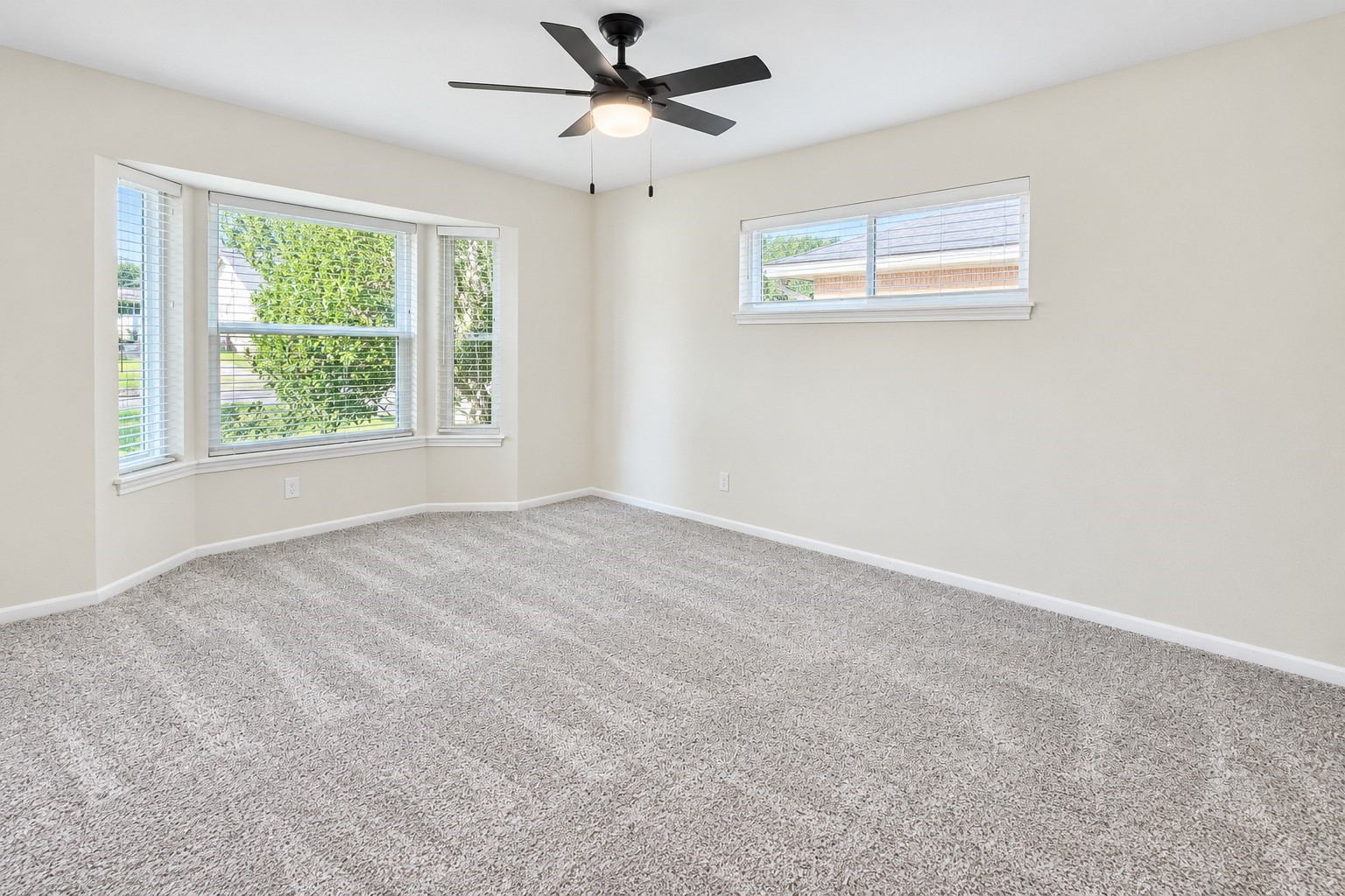 Secondary bedroom with ceiling fan, plush carpet, and multiple windows providing abundant natural light.