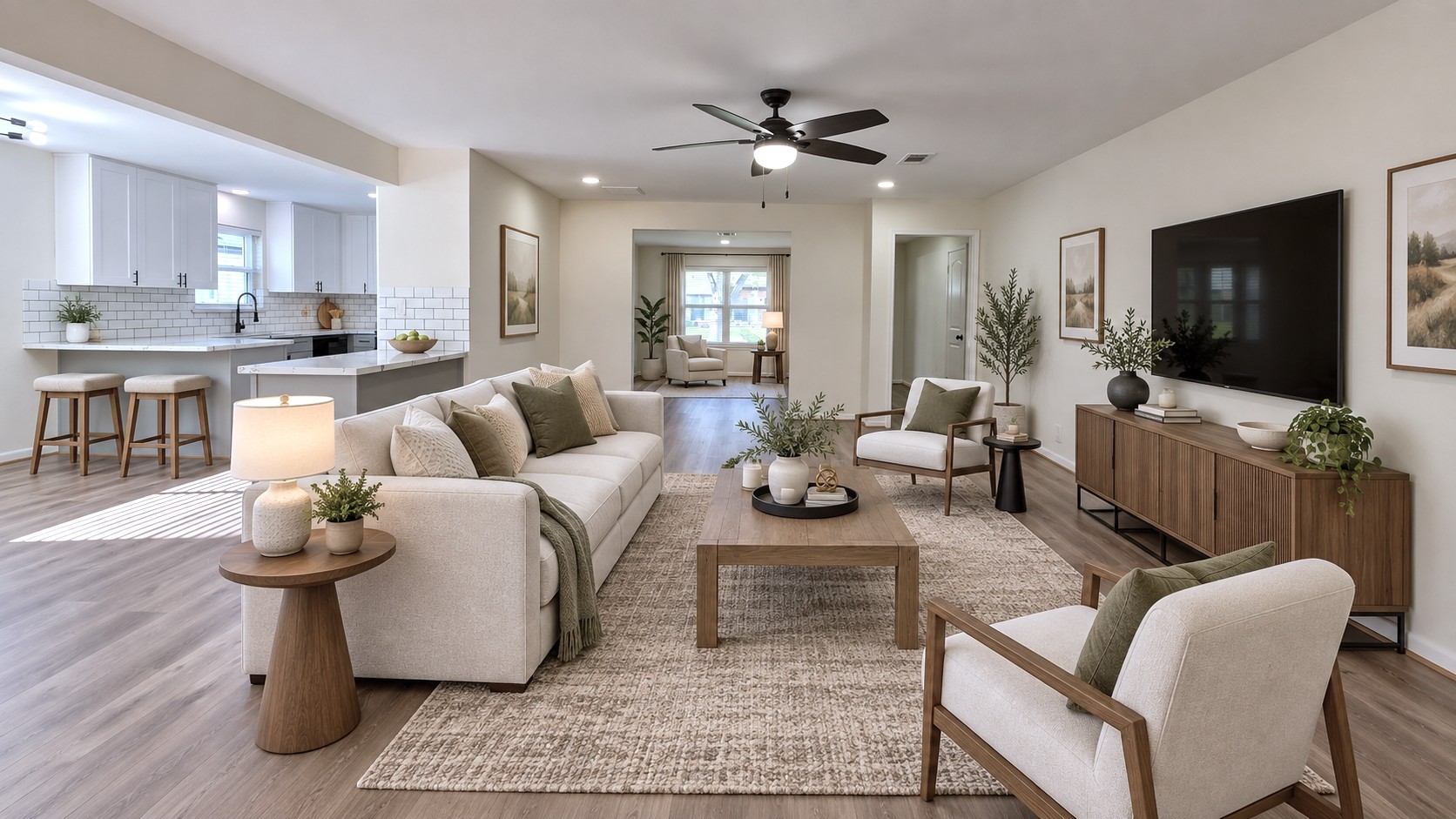 Virtually staged: Open-concept living area demonstrates multiple seating options and an inviting layout.