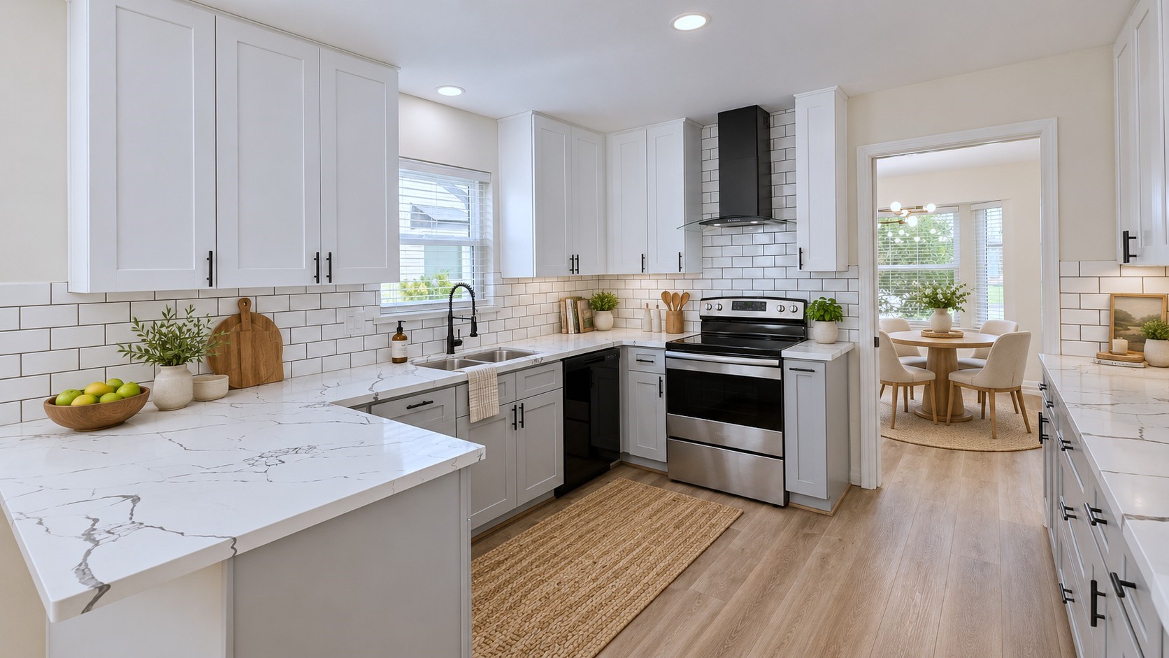 Virtually staged: Beautifully updated kitchen accented with warm dcor to showcase its modern finishes.