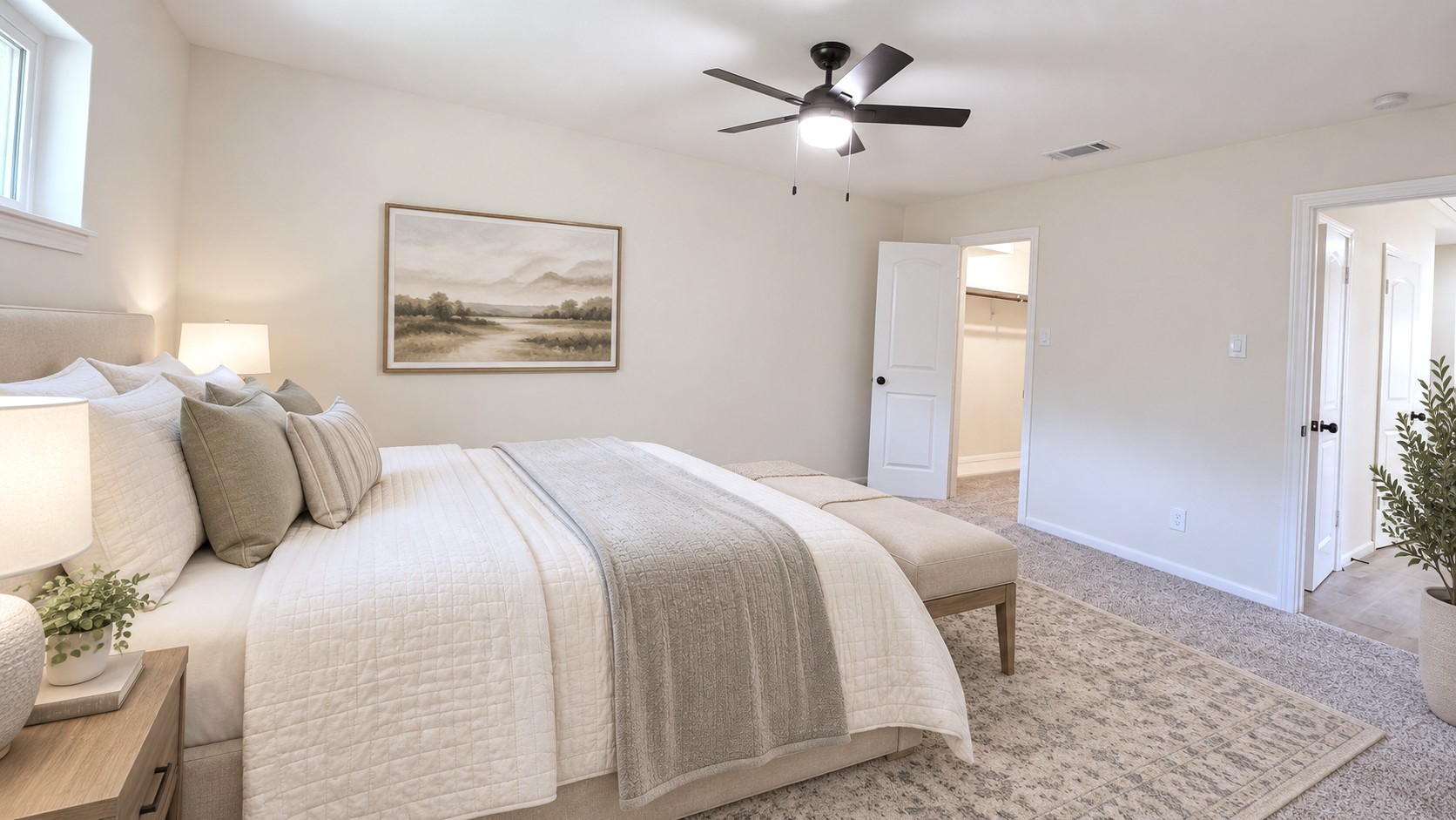 Virtually staged: Serene primary bedroom concept emphasizes comfort, scale, and a relaxing retreat atmosphere.