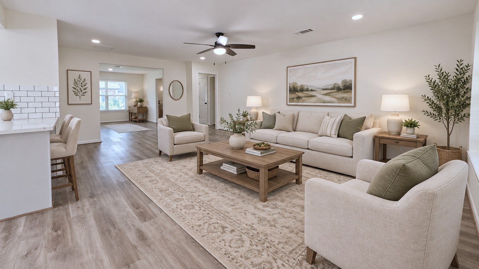 Virtually staged: Generous living room styled to highlight both conversation and entertainment areas.