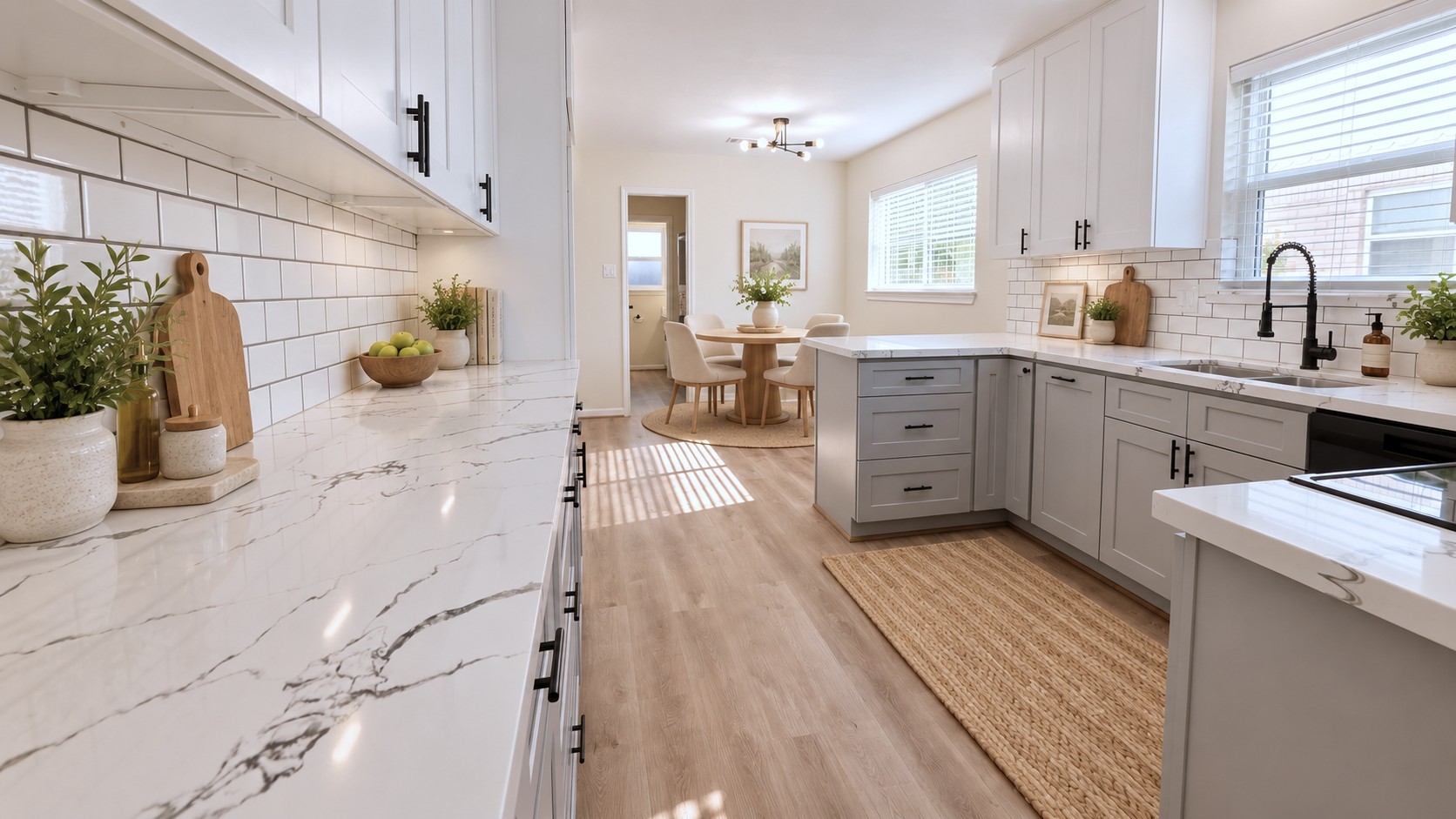 Virtually staged: Designer-inspired kitchen styling complements the bright cabinetry and dramatic countertops.