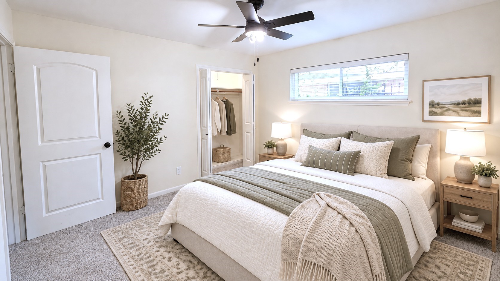 Virtually staged: Secondary bedroom demonstrates an inviting furniture layout with room for bedside storage.