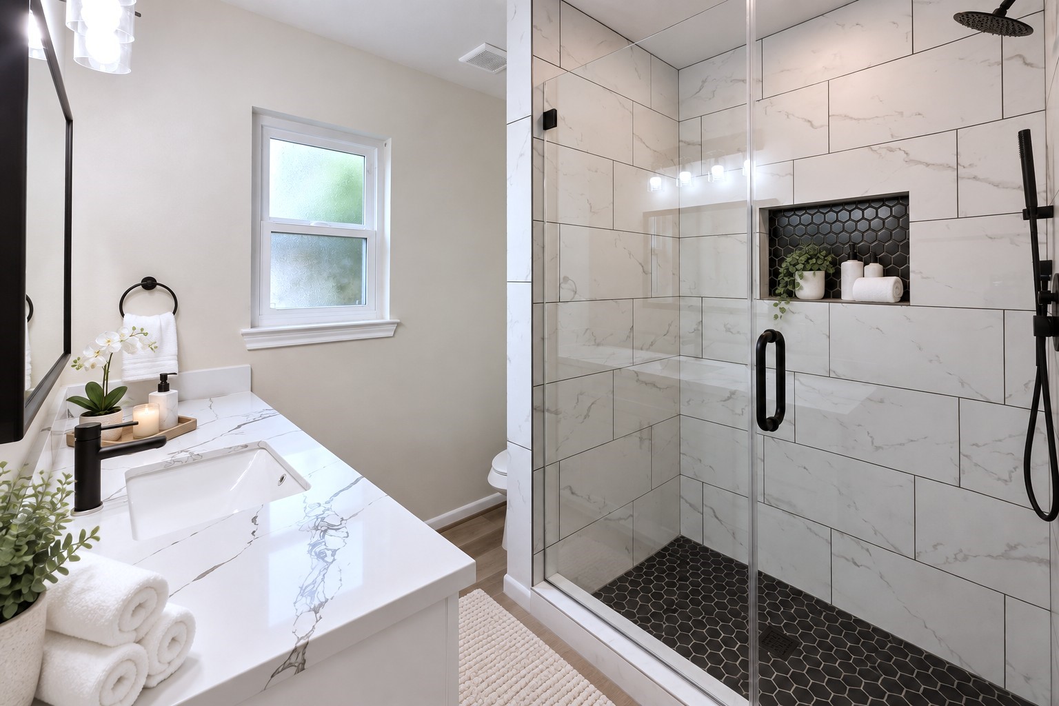 Virtually staged: Spa-inspired primary bath highlights the impressive glass shower and contemporary finishes.
