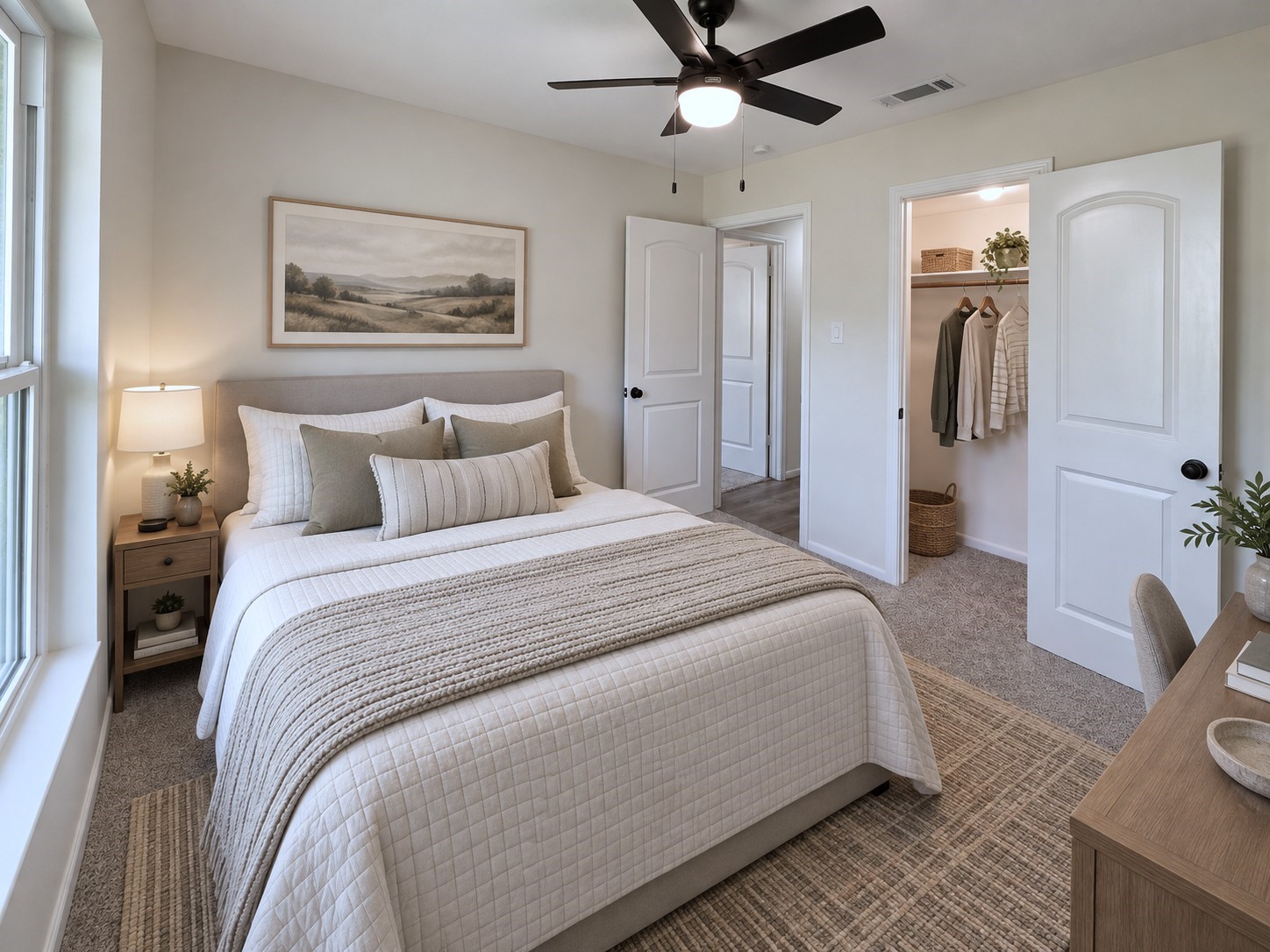 Virtually staged: Secondary bedroom styled to demonstrate a comfortable sleeping area without sacrificing circulation.
