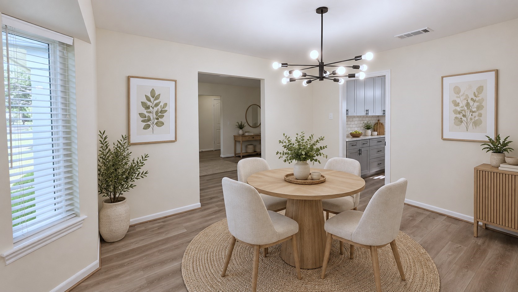 Virtually staged: Elegant dining room showcases space for a full dining set beneath the modern chandelier.