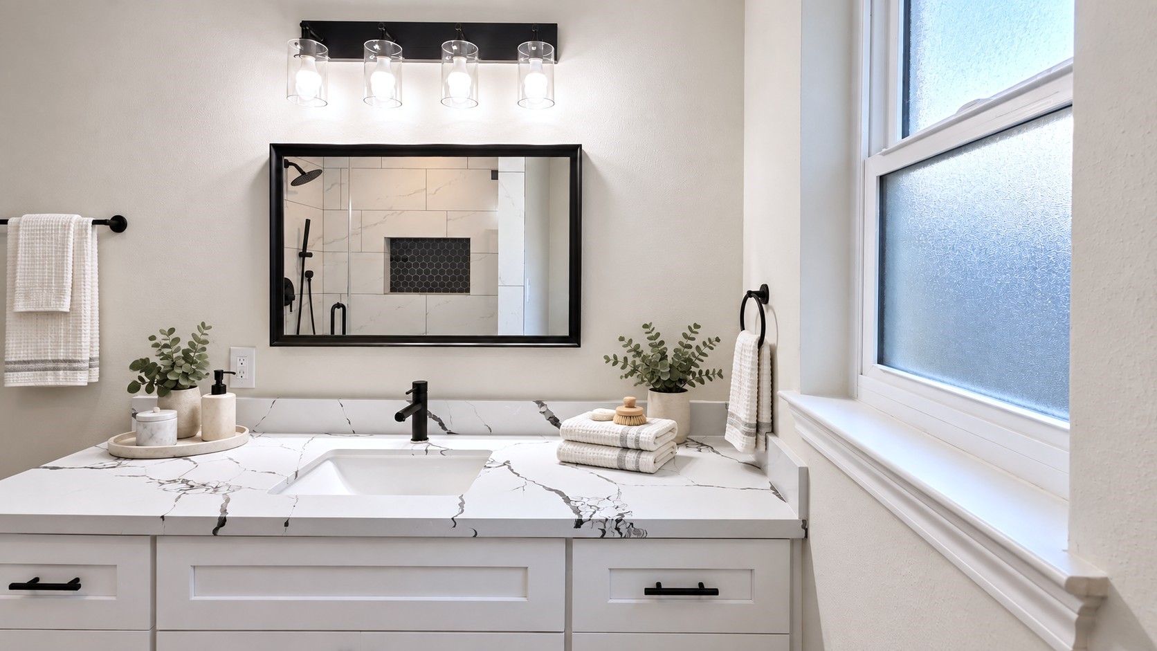 Virtually staged: Spa-inspired accessories complement the updated primary baths clean, modern finishes.