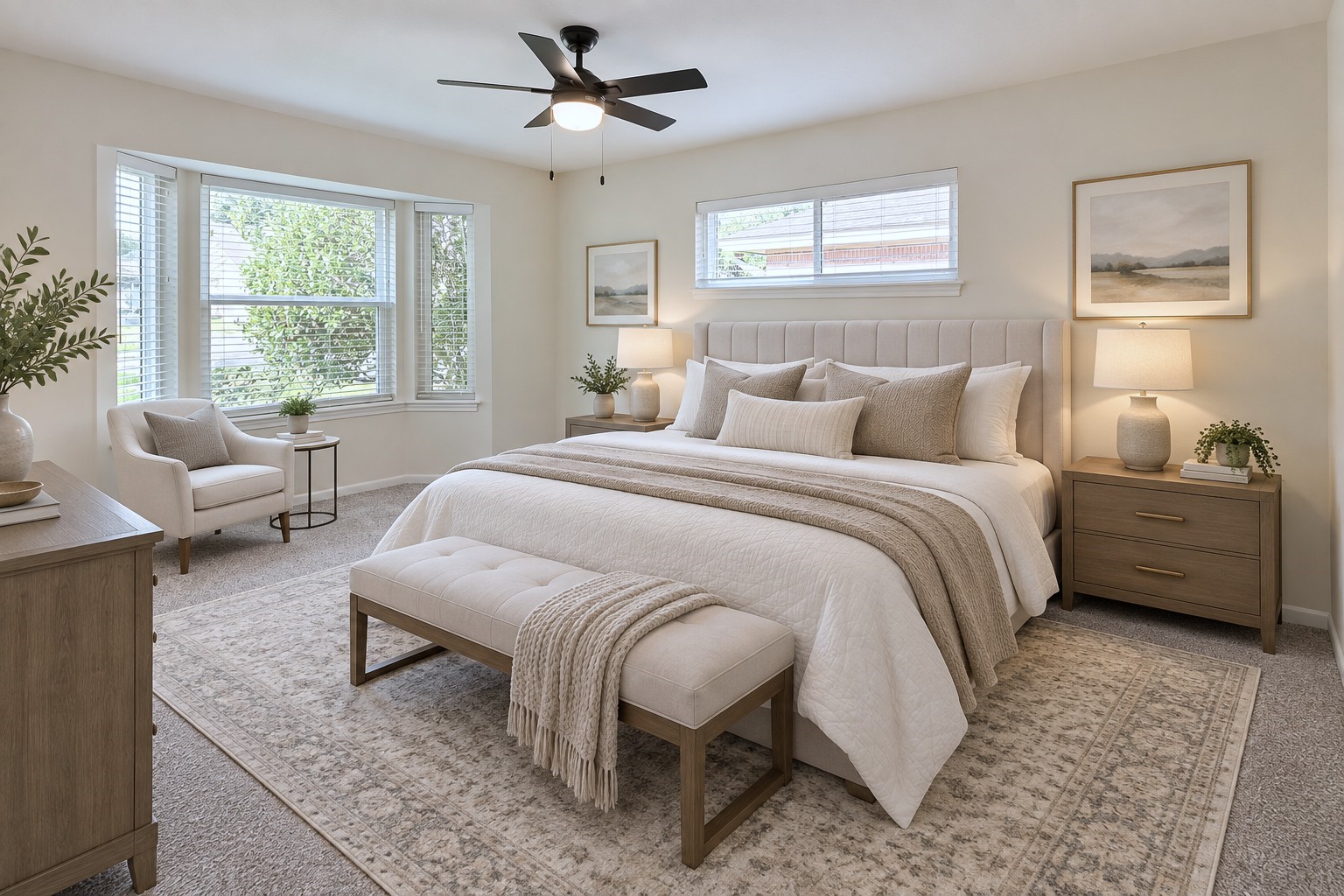 Virtually staged: Secondary bedroom styled as a comfortable guest retreat while showcasing the rooms generous size.