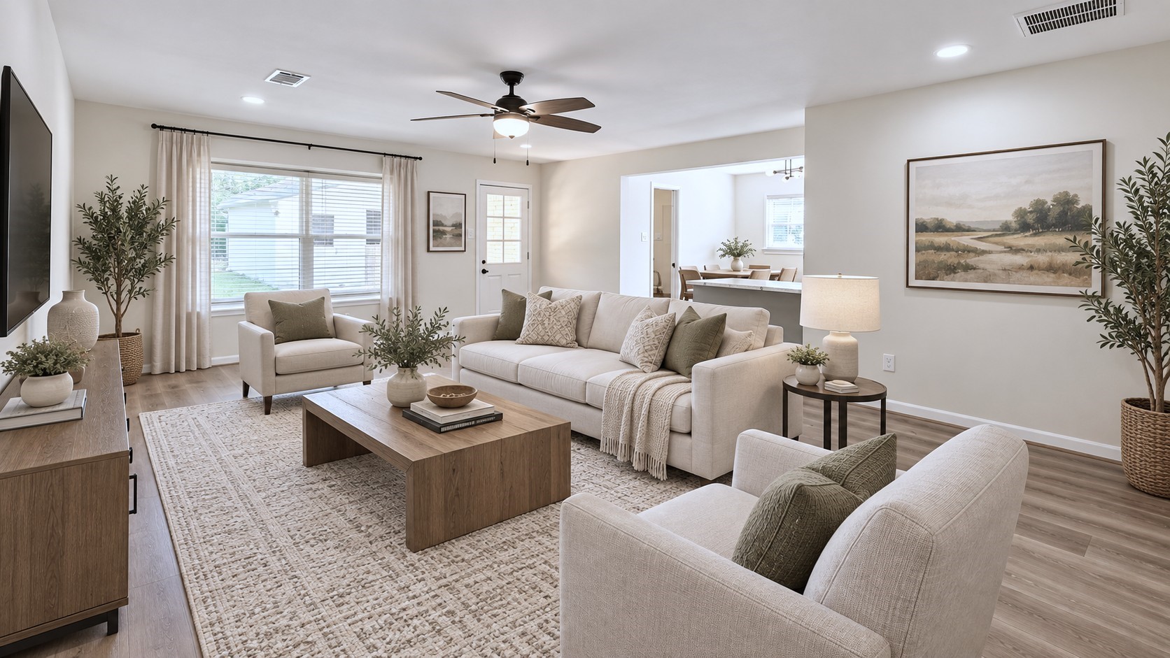 Virtually staged: Spacious living room styled for comfortable everyday living and entertaining.