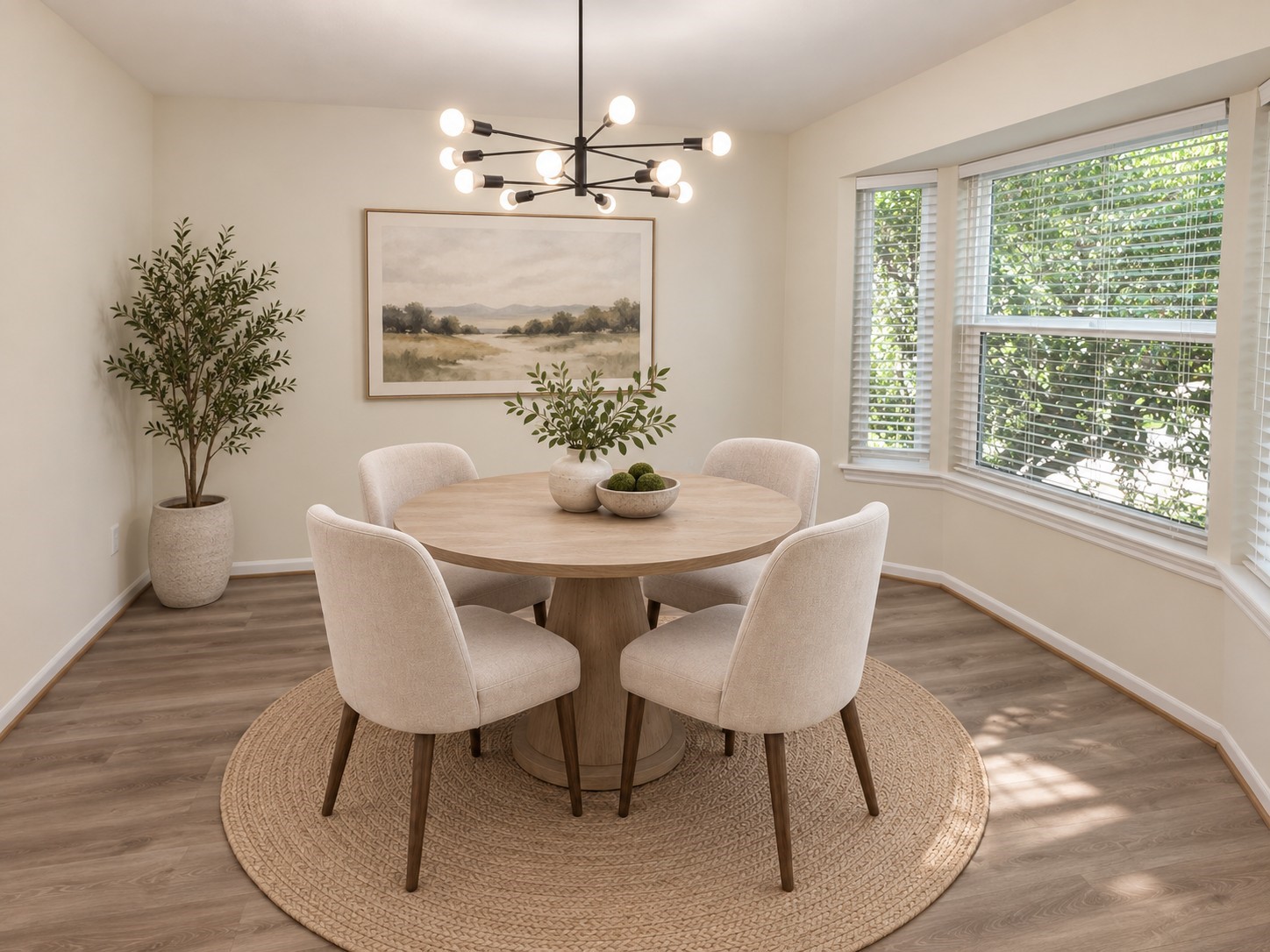 Virtually staged: Dining room styled to highlight the bay-window setting and generous entertaining space.