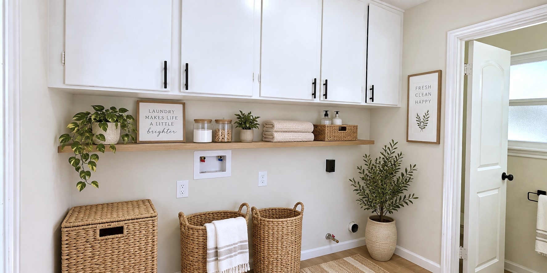Virtually staged: Functional laundry area demonstrates additional organization and storage possibilities.