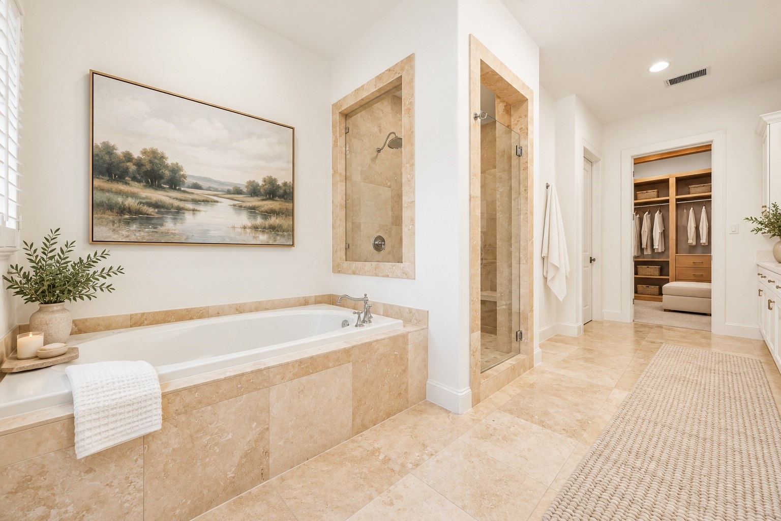 The spacious primary bathroom offers a spa-inspired retreat featuring a relaxing soaking tub, separate glass-enclosed shower, elegant stone tile, and timeless finishes. A perfect space to unwind at the end of the day! *Virtually Staged